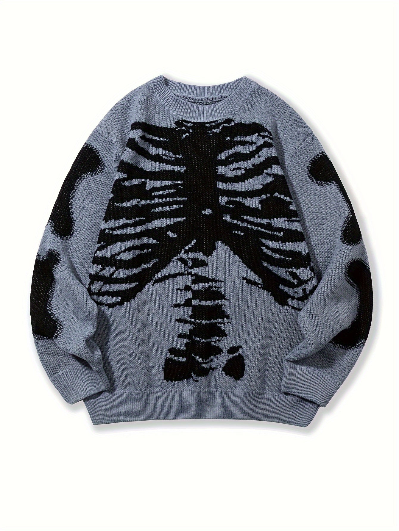 Skeleton Pattern Knitted Sweater, Men's Casual Warm Mid Stretch Crew Neck Pullover Sweater For Men Fall Winter