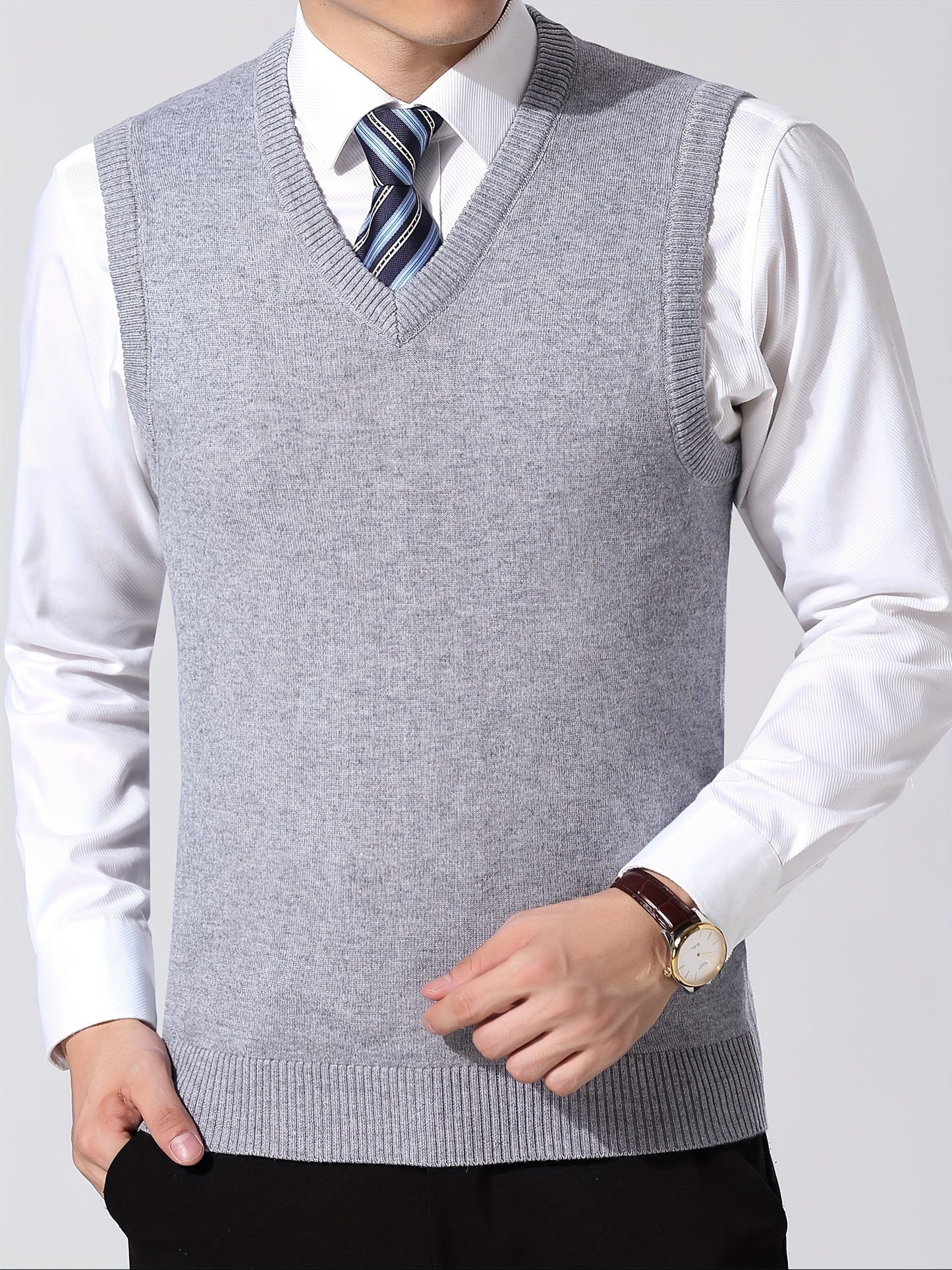 Elegant Slightly Stretch Vest, Men's Casual Vintage Style V Neck Sweater Vest For Fall Winter