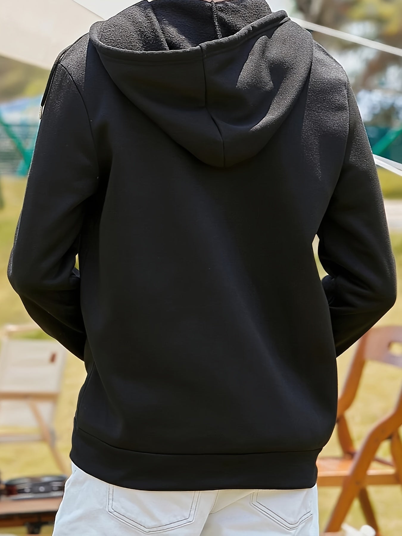 Men's Solid Pullover Top with Pockets, Zip Up Hooded Sweatshirt for Spring Autumn