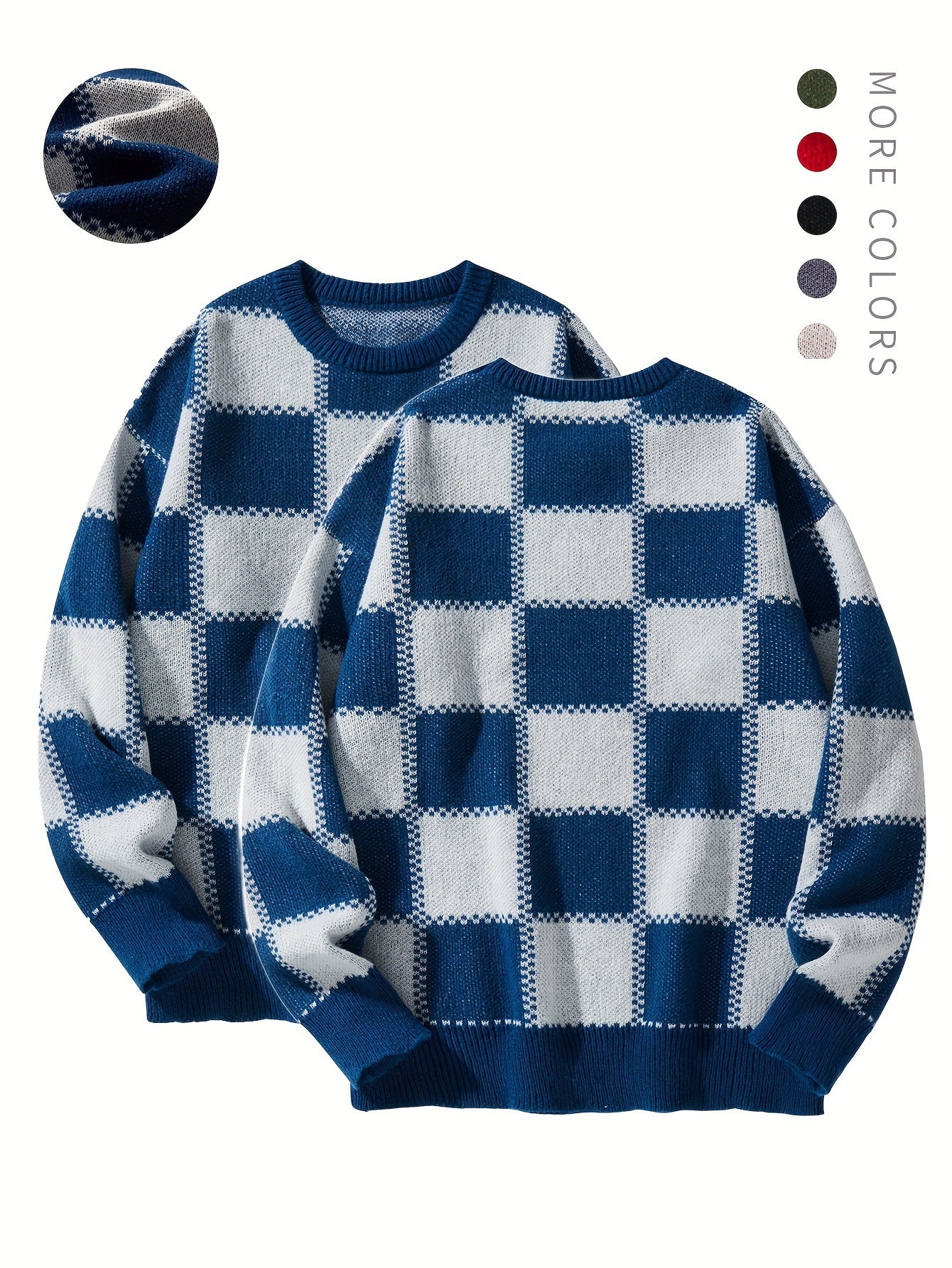 Men's Checkerboard Knitted Sweater - Warm And Stretchy Casual Pullover For Fall And Winter