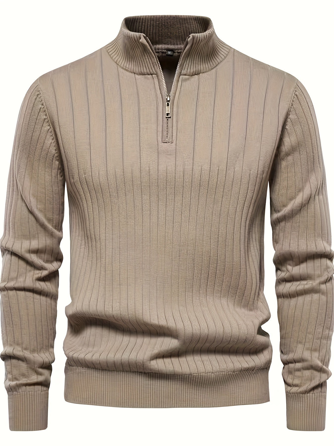 Men's Casual Zip-Up Stand Collar Sweater - Solid Color, Stretch Knit Pullover for Fall/Winter