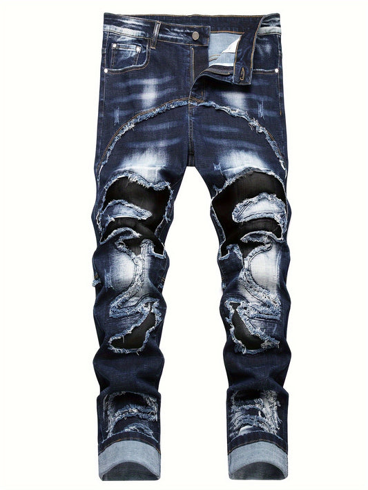 Men's Straight Leg Distressed Ripped Jeans, Fashion Patchwork Design, Versatile For All Seasons