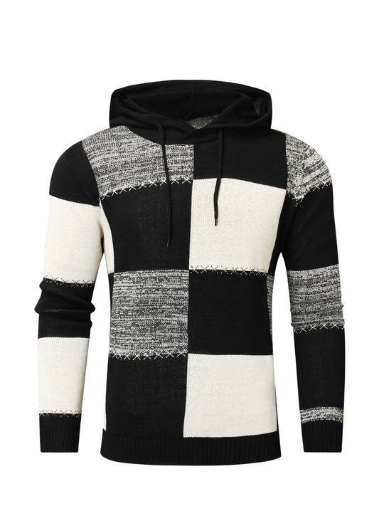 Cool Knitted Color Block Sweater Hoodies For Men, Men's Casual Retro Pullover Hooded Knit Sweater Streetwear For Winter Fall, As Gifts