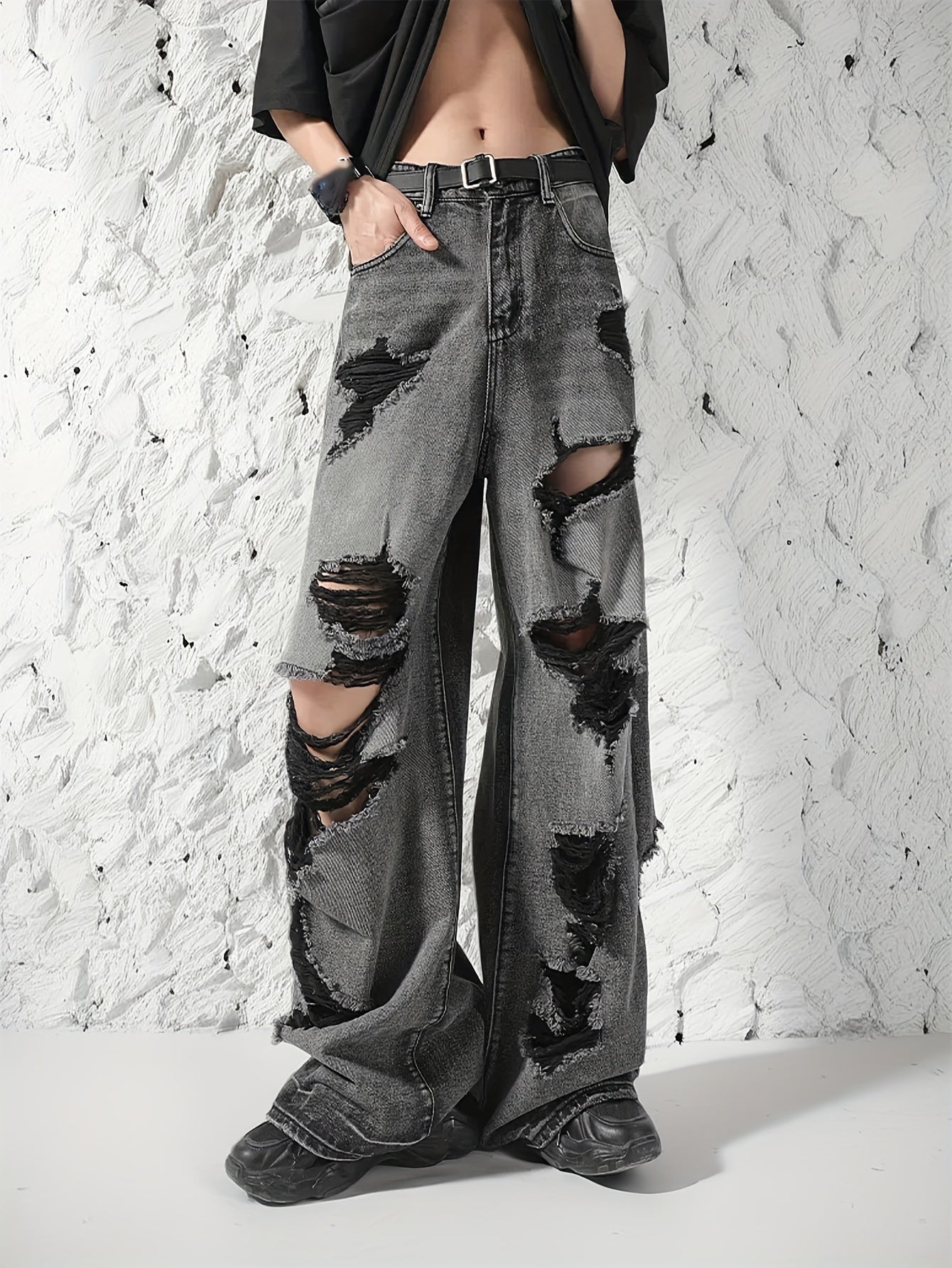 Men's Street Style Wide Leg Ripped Denim Pants, Fashion Jeans, Cotton Trousers For Males