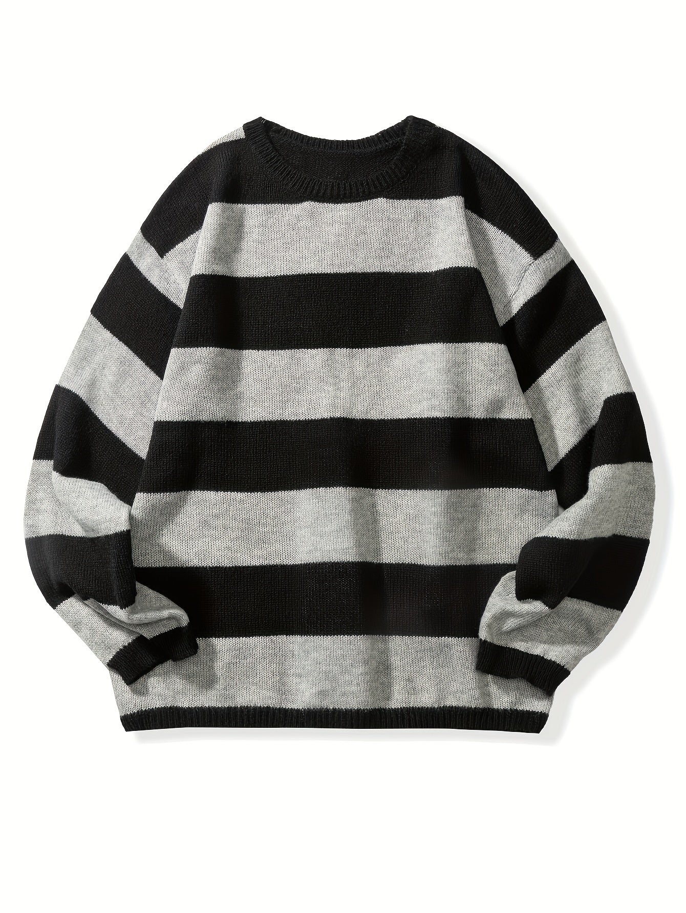 Men's Casual Fashion Striped Pullover Sweater, Spring/Autumn Thin Polyester Knit, Round Neck, Stretchy Fabric, Regular Fit