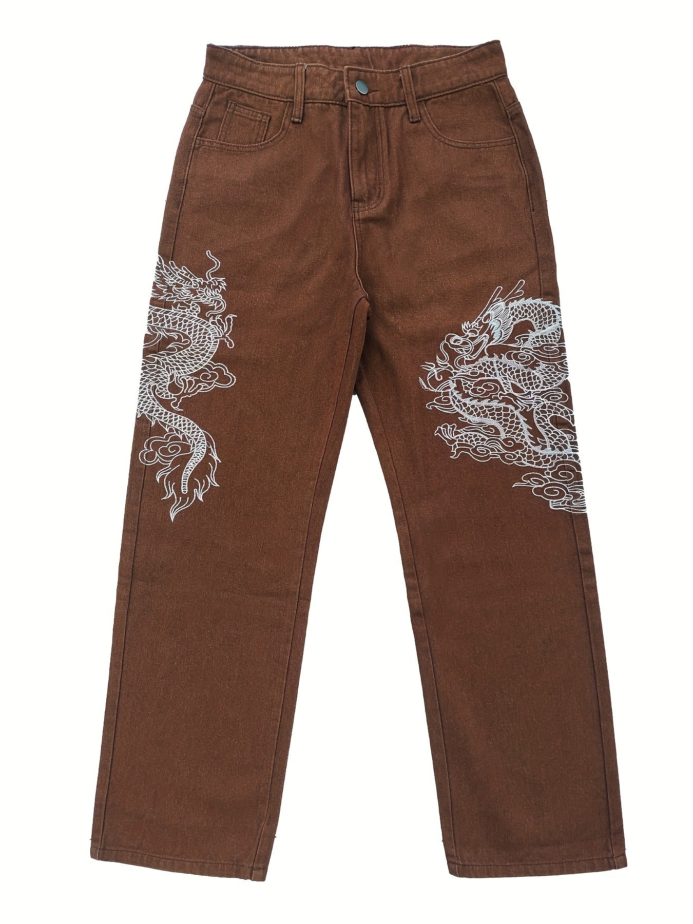 Dragon Embroidery Baggy Jeans, Men's Casual Street Style Wide Leg Denim Pants