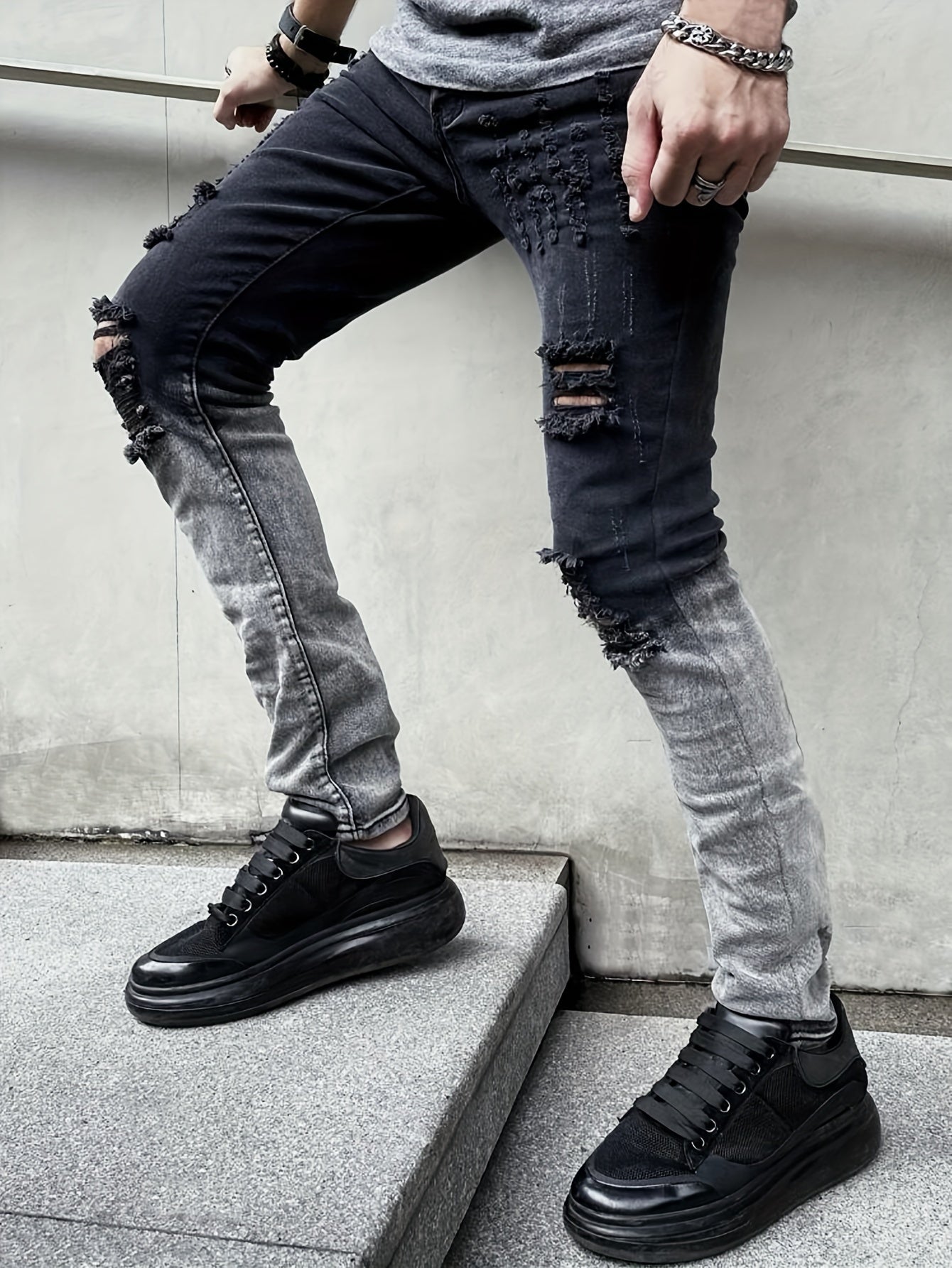 FORUWISH  -  Mens Fashion Ripped Gradient Color Jeans - Stylish Streetwear Denim Pants with Distressed Details, Comfortable Casual Wear for Everyday - Stylish and Trendy