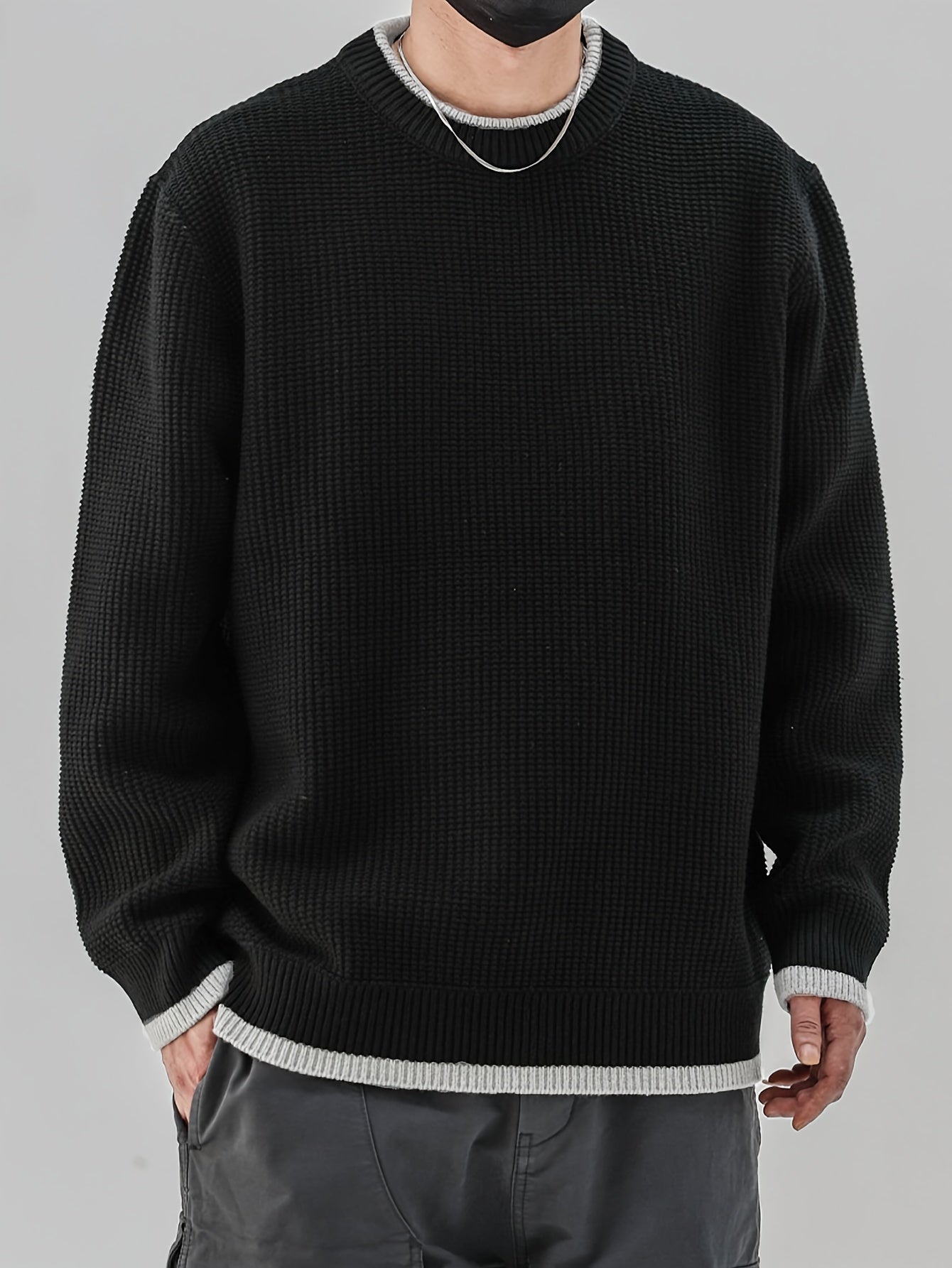 Two-piece Men's Fake Color Block Knitted Crew Neck Casual Long Sleeve Pullover Sweater for Fall Winter