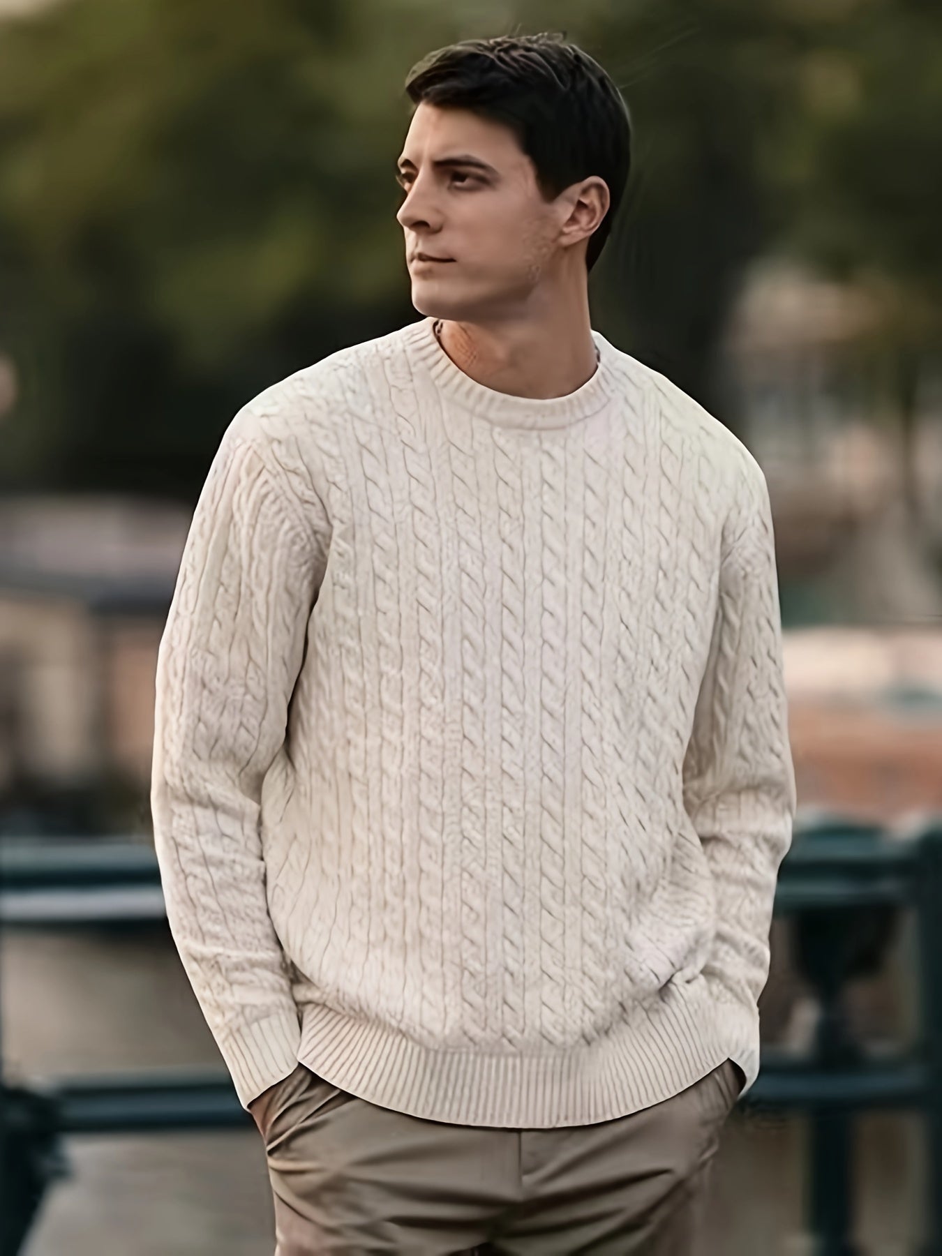 Polyester 100% Cable-Knit Sweater for Men - Crew Neck Pullover Top with Regular Long Sleeves, Medium Stretch Fabric for Daily & Casual Wear, Party-Ready, Four Seasons Knitwear, Universal Fit - (TongTongBang Selected)