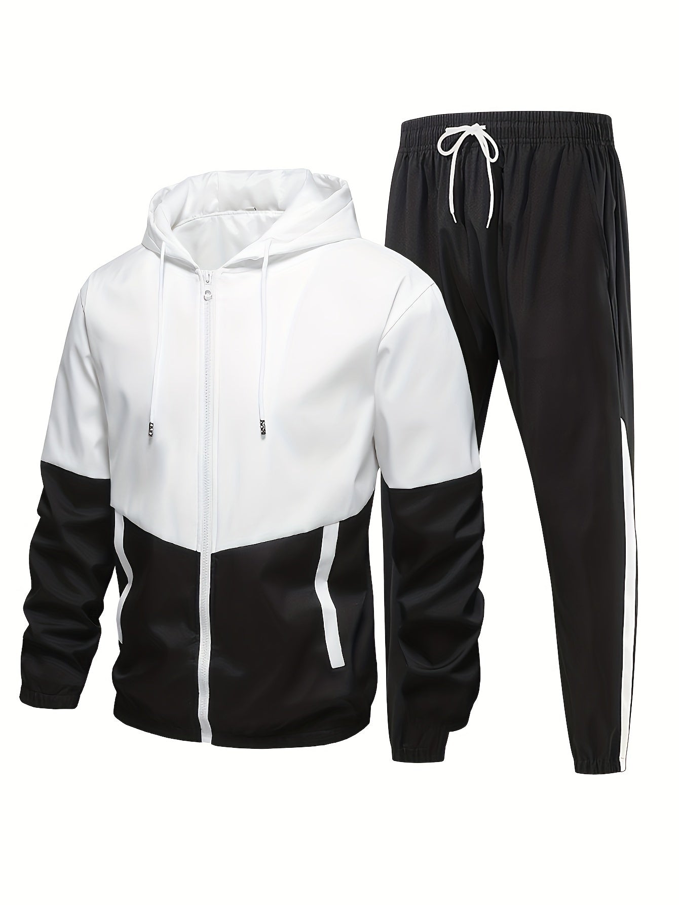 2-Piece Sporty Outfit for Men - Contrast Hoodie Jacket and Solid Sports Pants with Casual, Trendy, and Comfortable Design for Outdoor Activities and Sports Wear - Perfect for Fitness Enthusiasts and Athletes