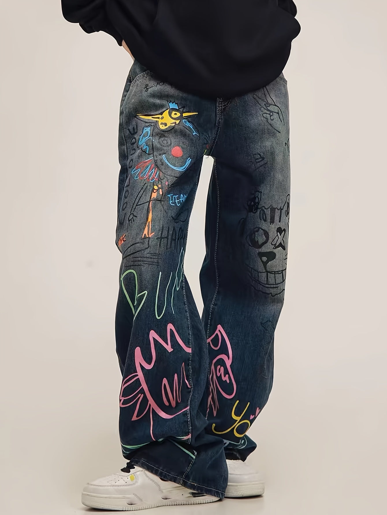 Men's Loose Fit Wide Leg Jeans With Fancy Graffiti Print, Men's Stylish Comfy Denim Pants, Street Style Fashion