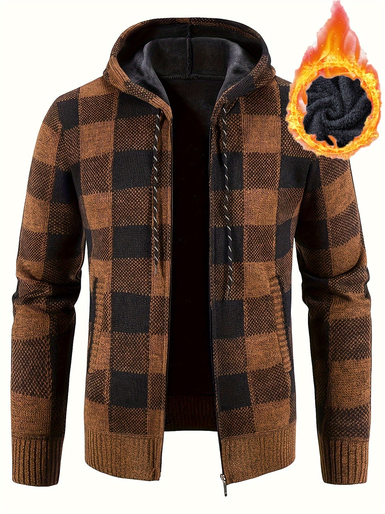 All Match Knitted Plaid Hooded Cardigan Jacket, Men's Casual Warm Slightly Stretch Zip Up Jacket Coat For Fall Winter