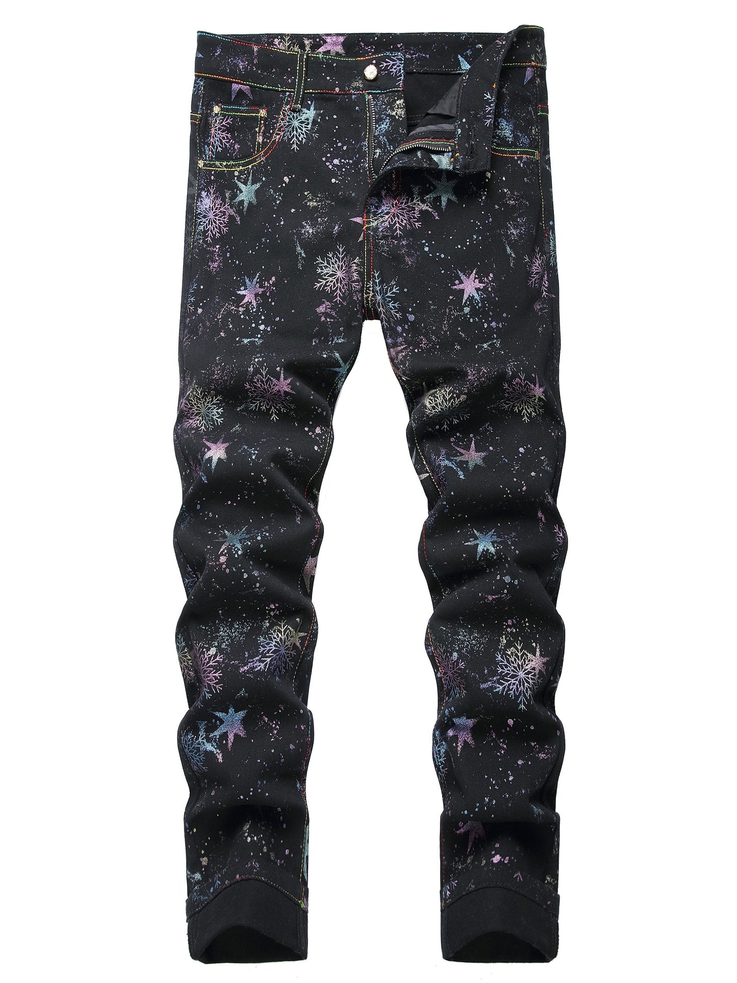 Men's Slim Fit Jeans With Snowflake Print, Fashion Street Style Denim Pants For Men, Versatile For All Seasons