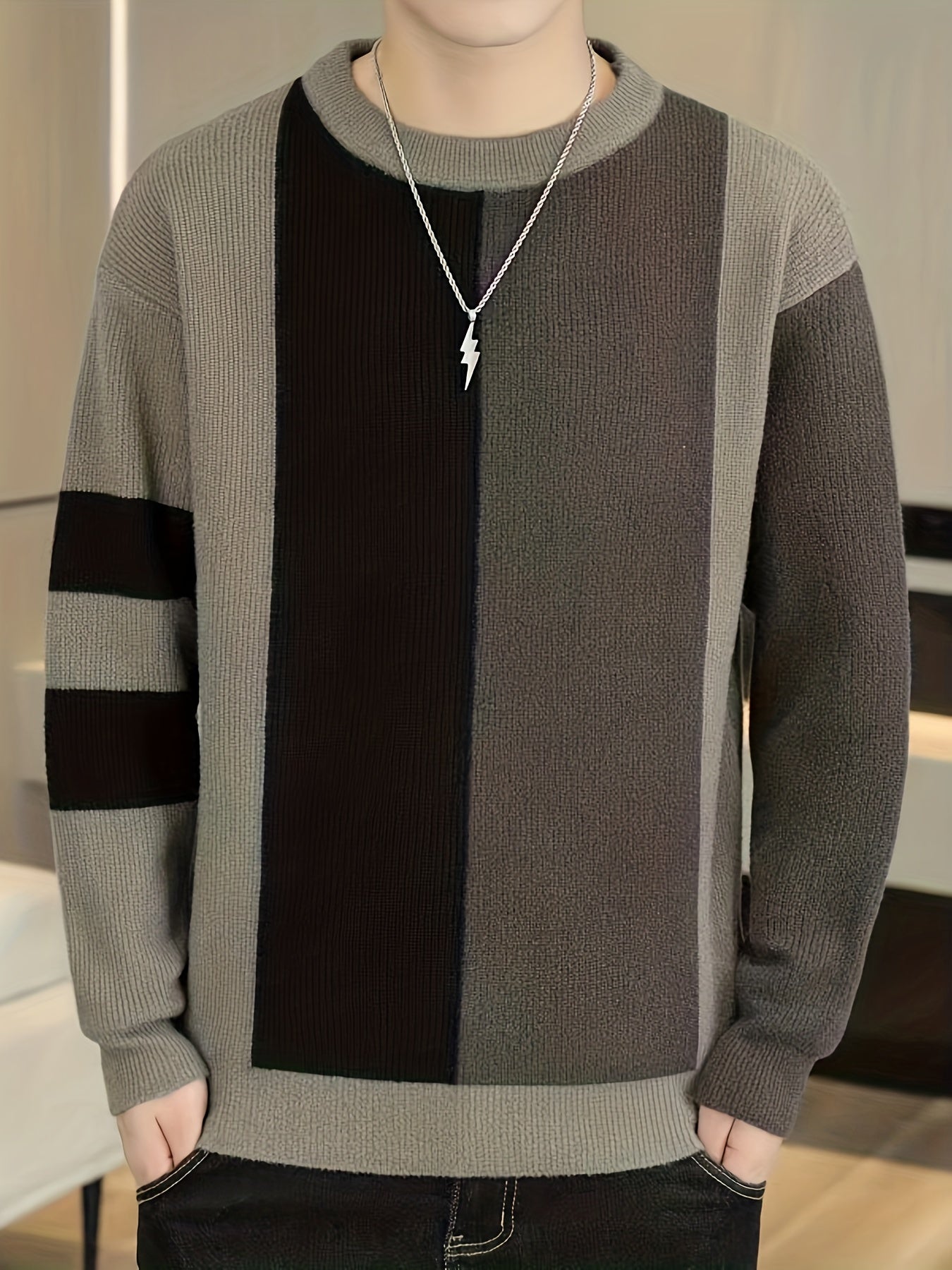 All Match Knitted Color Block Sweater, Men's Casual Warm Slightly Stretch Crew Neck Long Sleeve Pullover Sweater For Men Fall Winter