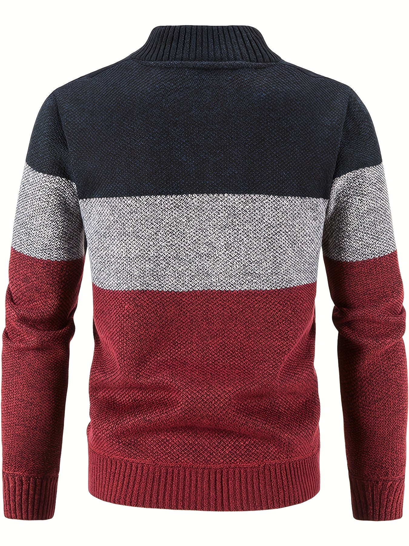 Warm And Thick Fleece Jacket For Male, Men's Casual Comfy Color Block Mid Stretch Zip Up Knit Cardigan For Winter And Fall