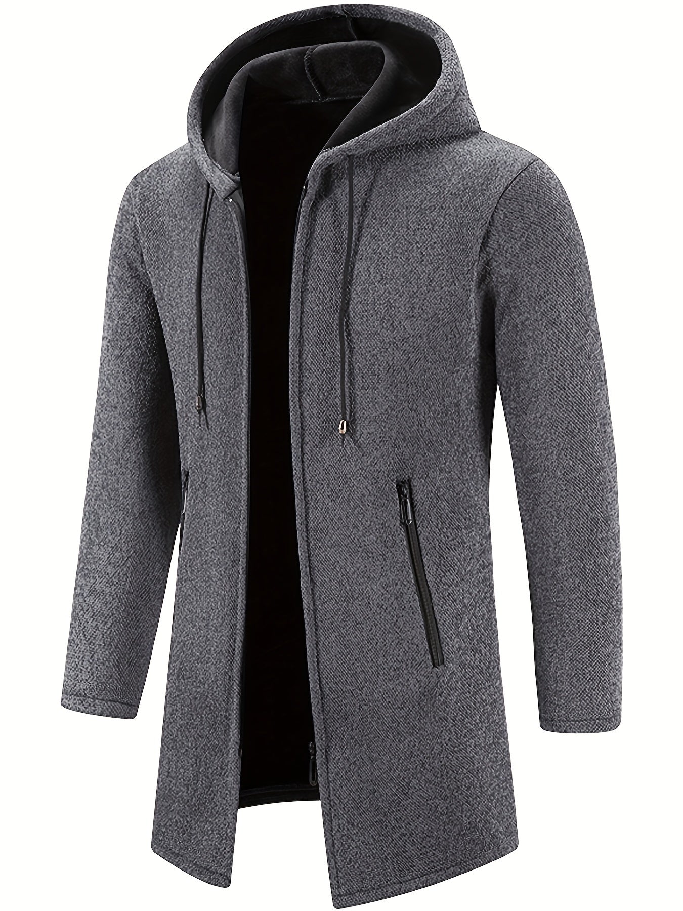 Warm Mid-length Hooded Coat, Men's Comfortable Solid Color Zip Up Knitted Cardigan For Spring Fall