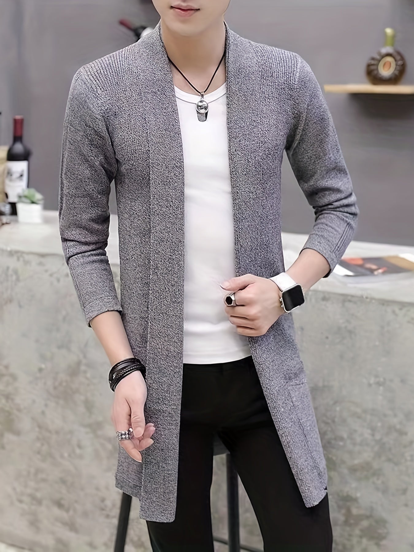 Elegant High Stretch Retro Cardigan, Men's Casual Vintage Style V Neck Open Front Overcoat Sweater Long Coat For Fall Winter