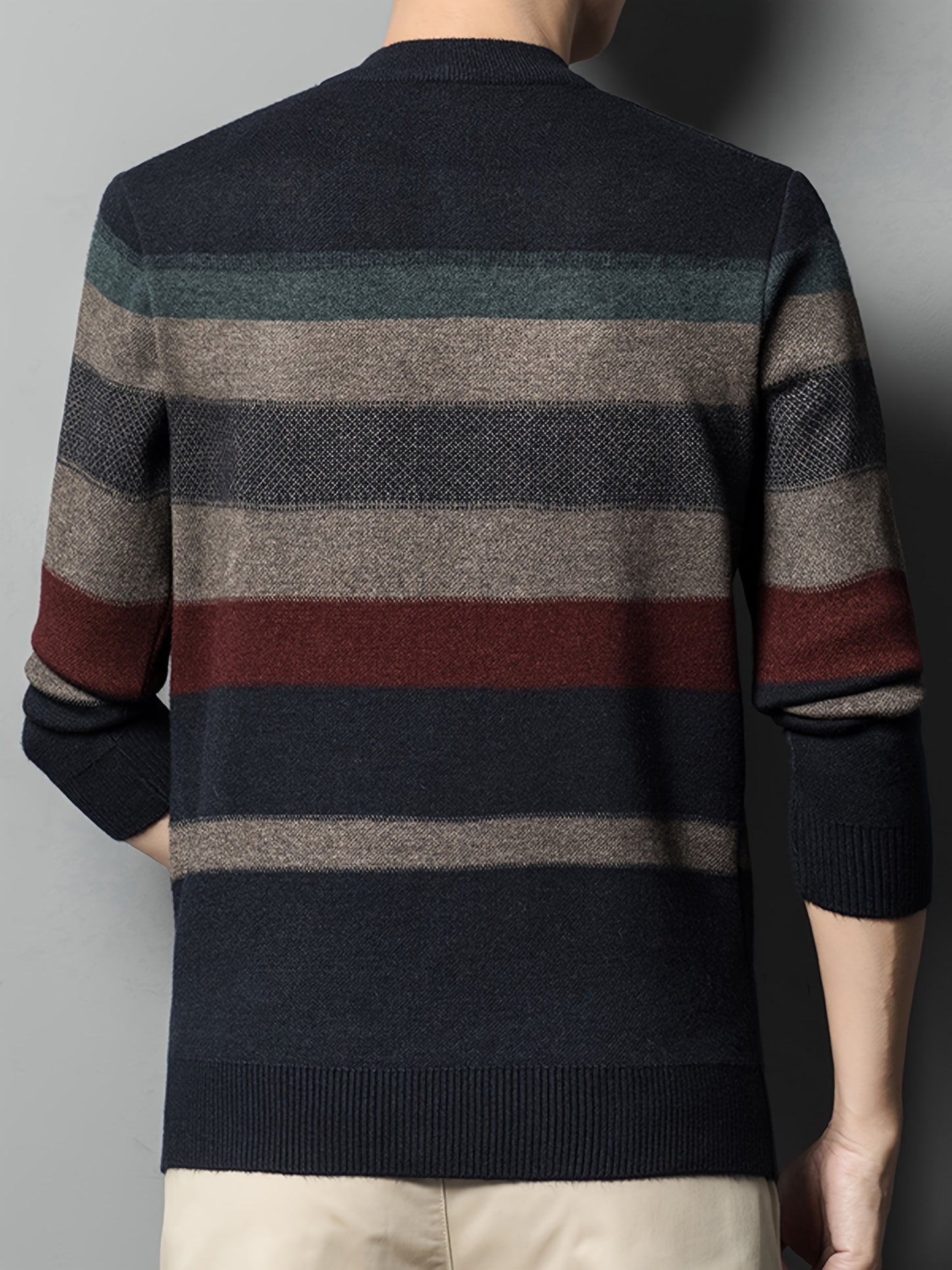 Cozy Mens Striped Knit Sweater - Fashionable Half-Zip Pullover with High Stretch - Perfect for Fall Winters Versatile Style