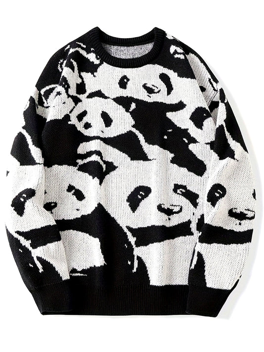 Cozy Panda Crew Neck Sweater - Novelty Cartoon Knit Pullover for Men - Warm, Slightly Stretchy, Casual Fall Winter Wear with Fun Panda Pattern