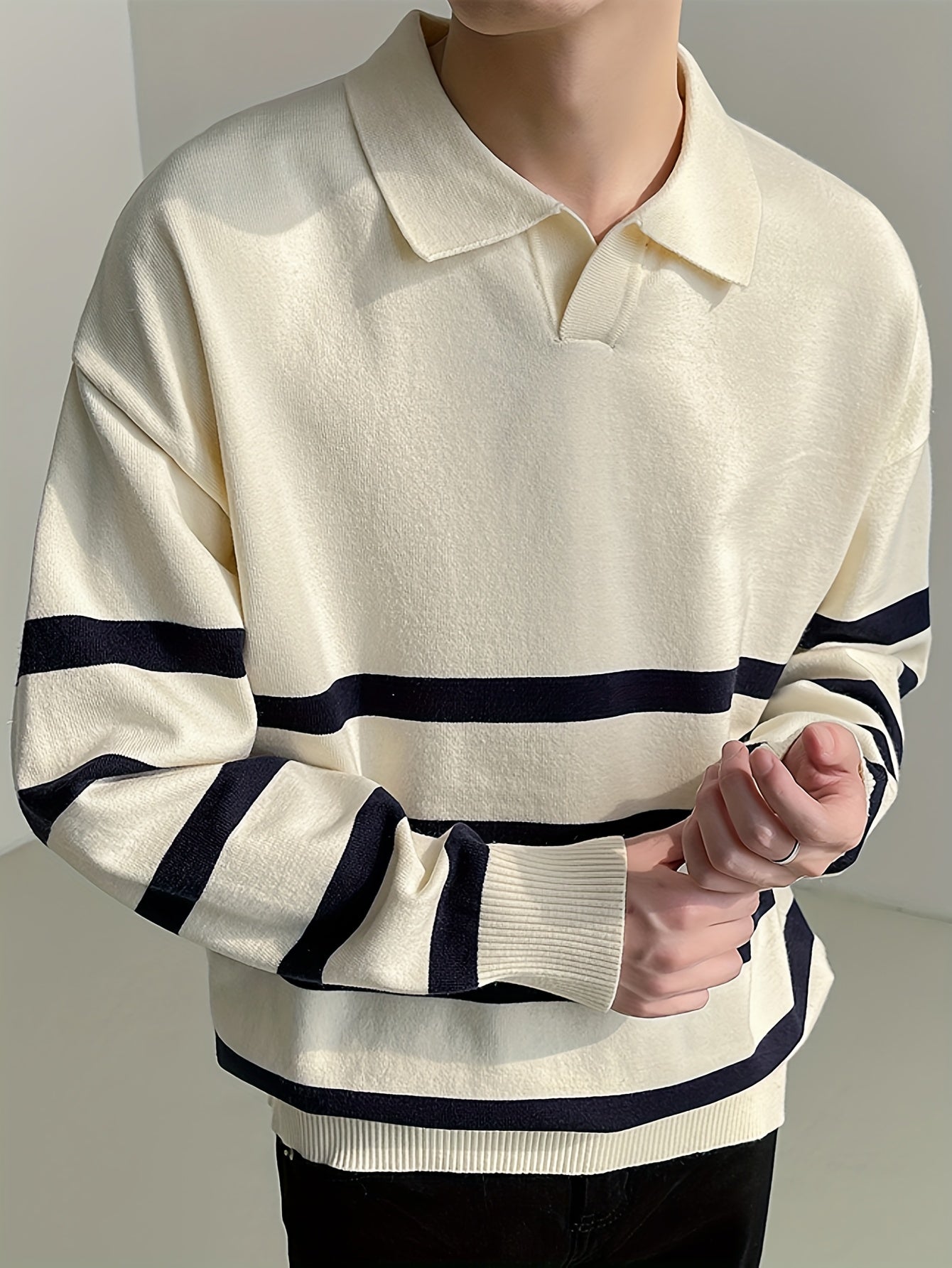 For Autumn And Winter, Long Sleeve Men's Color Blocking Striped Golf Shirt, Casual Stylish Top As Gift