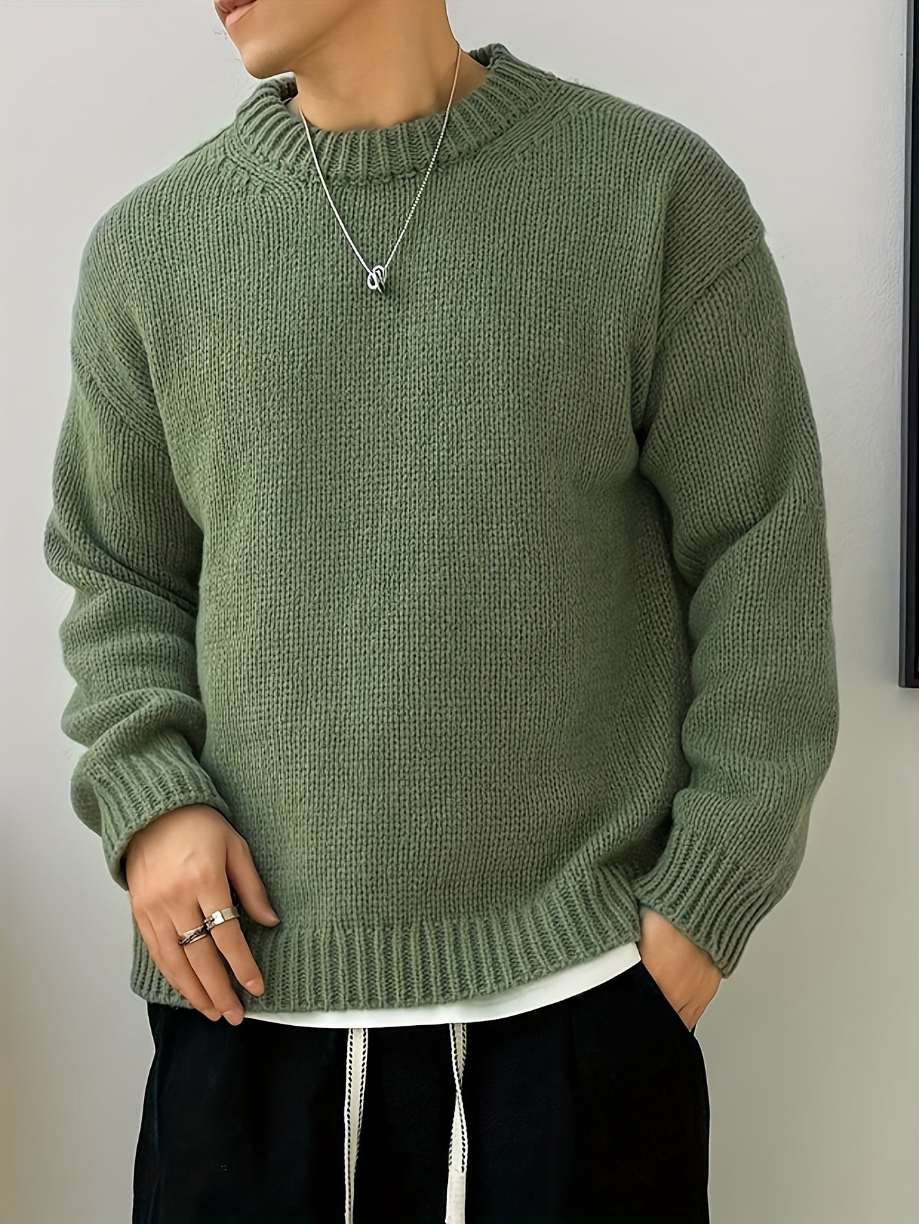 Cozy Fall Winter Essential: Men's Solid Knitted Long Sleeve Crew Neck Casual Pullover Sweater for Everyday Wear