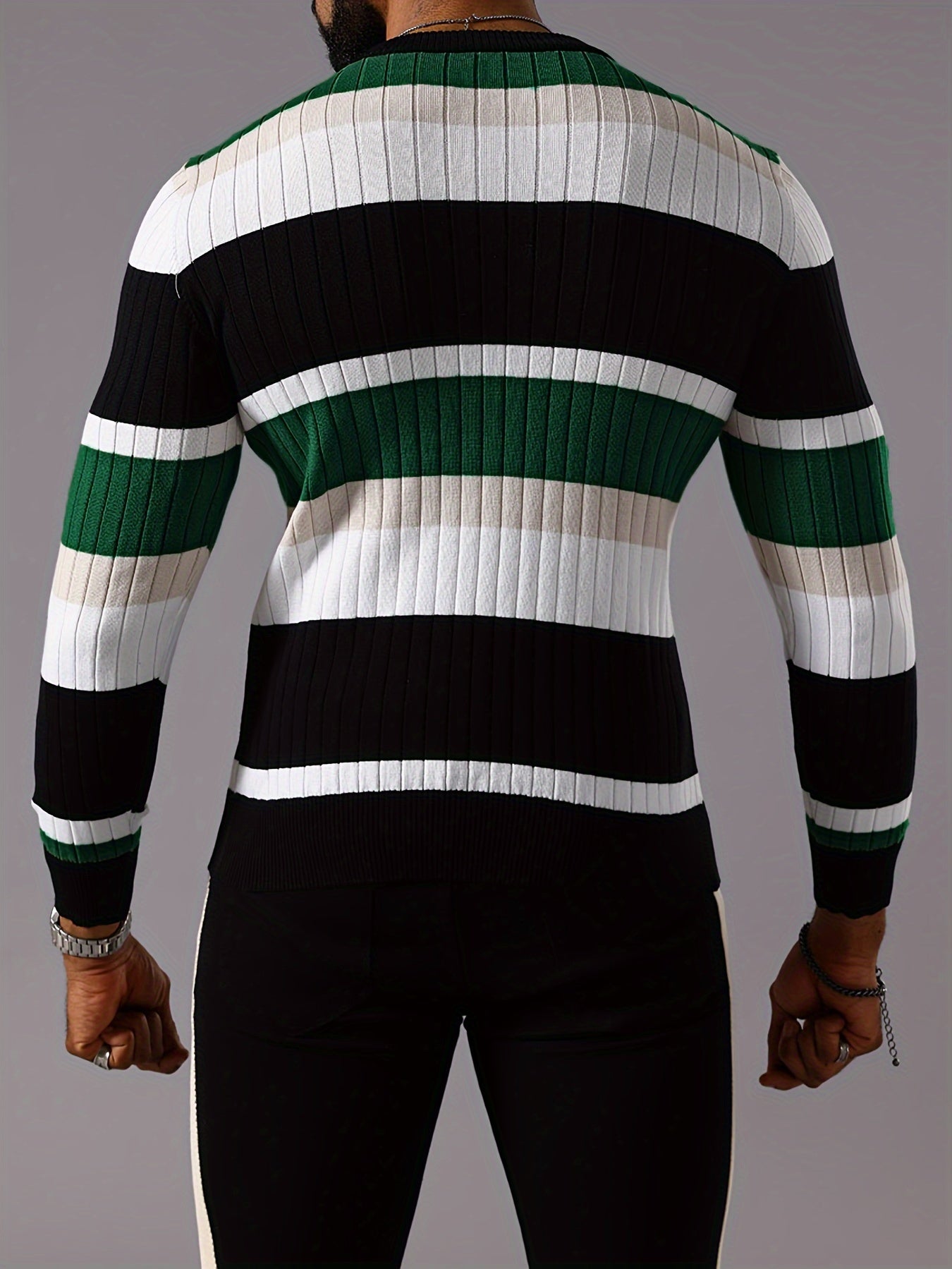 Men's Color Block Knitted Pullover, Casual Long Sleeve Crew Neck Sweater For Fall Winter