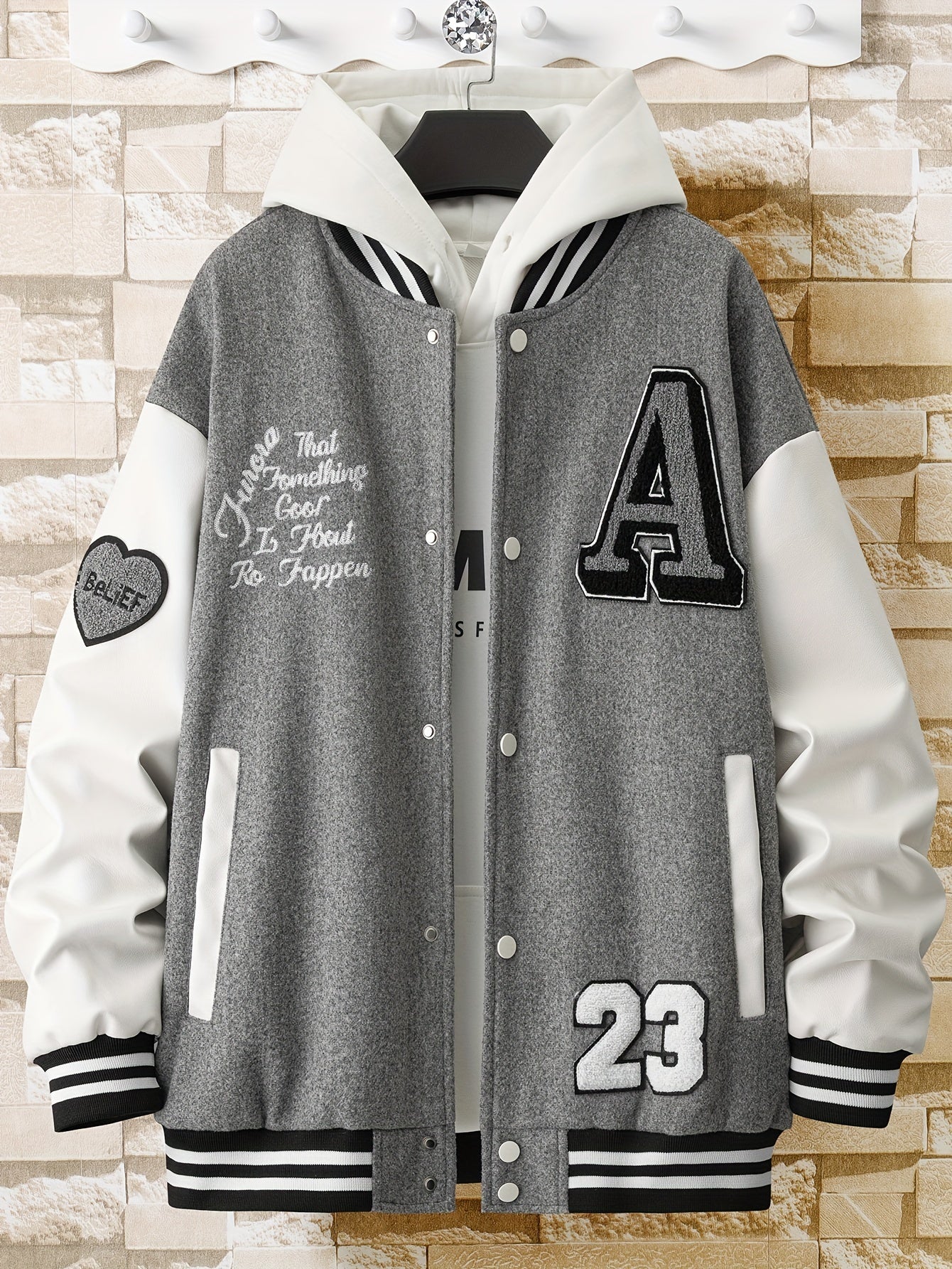 Alphabets Print Color Block Varsity Jackets, Men's Casual Baseball Collar Jacket Coat For Spring Fall