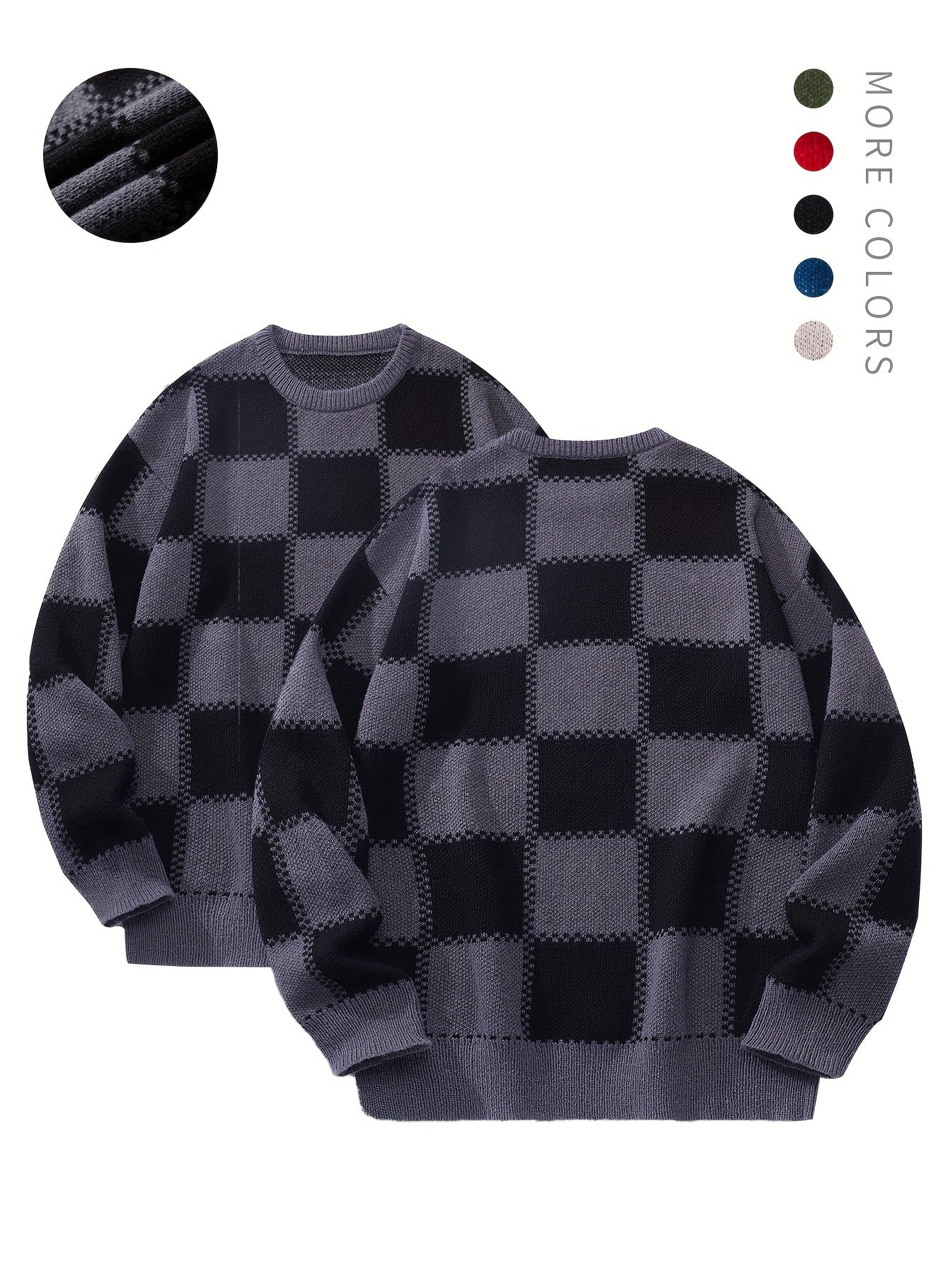 Men's Checkerboard Knitted Sweater - Warm And Stretchy Casual Pullover For Fall And Winter