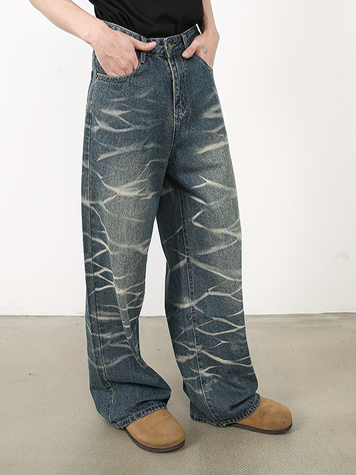 Men's loose fitting straight leg retro design denim street dance party water ripple denim casual pants