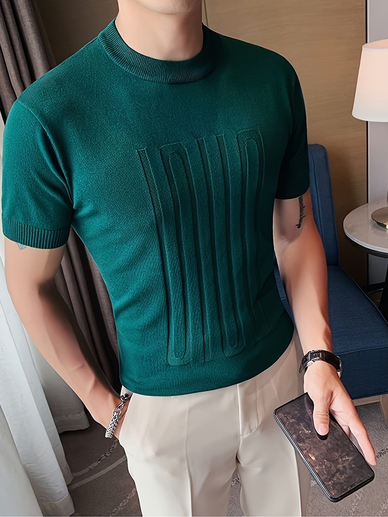 Chic Knit Short Sleeve Shirt, Men's Casual Mid Stretch Crew Neck Pullover Sweater For Spring Fall