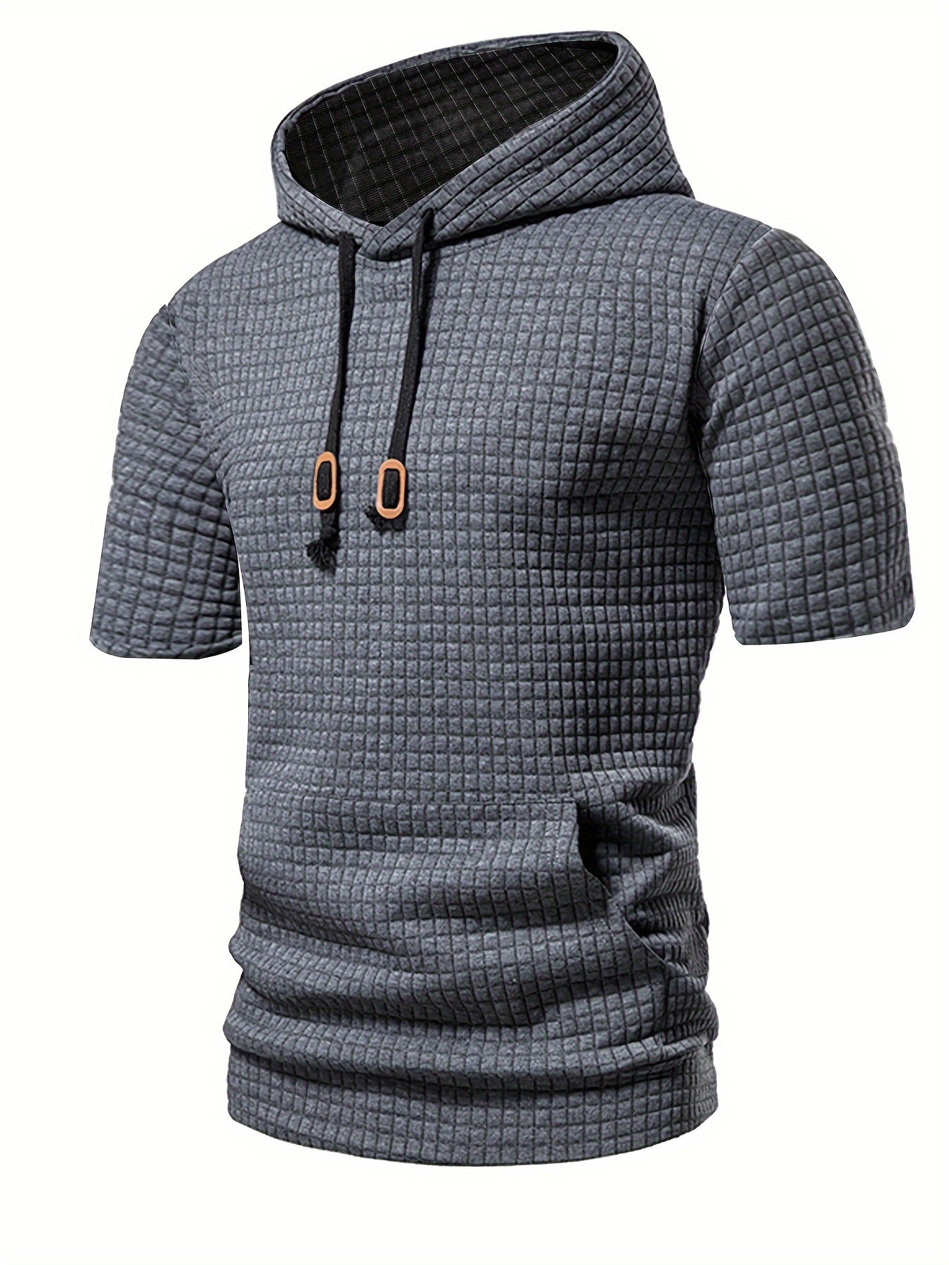 FORUWISH  -  Men's Chic Waffle Pattern Short Sleeve Hooded T-Shirt - Soft, Breathable, Casual Wear with Pocket and Relaxed Fit - Perfect for Daily Life, Outdoor Activities, and Travel