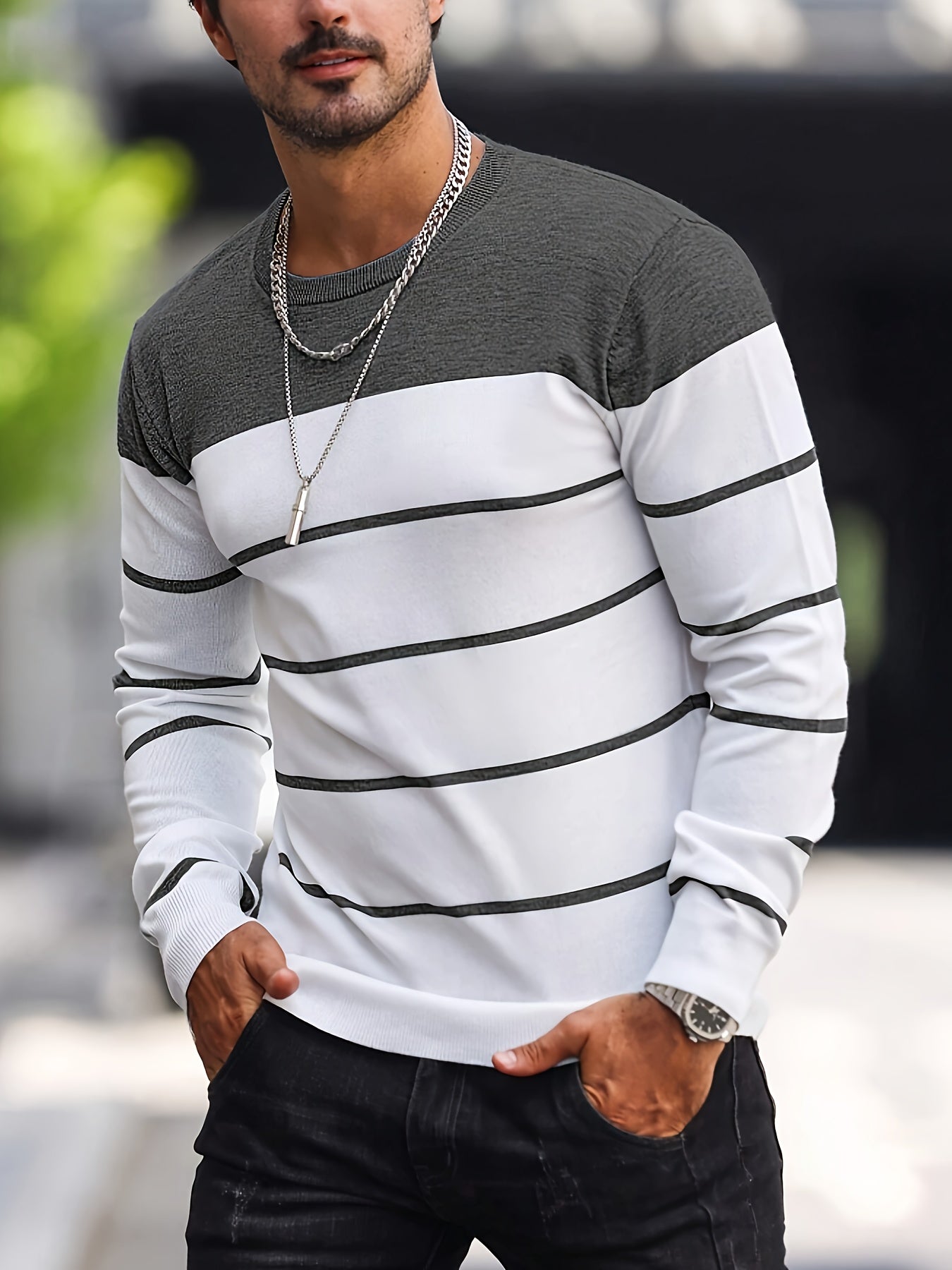 Men's Striped Knitted Pullover, Casual Long Sleeve Crew Neck Sweater For Fall Spring