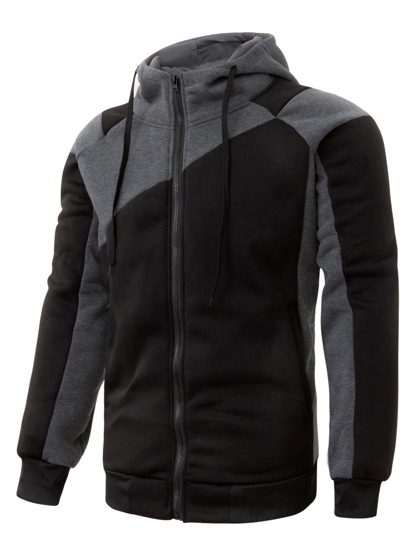 Long Sleeves Men's Color Block Fleece Sweatshirt with Pockets, Zipper Hooded Drawstrings