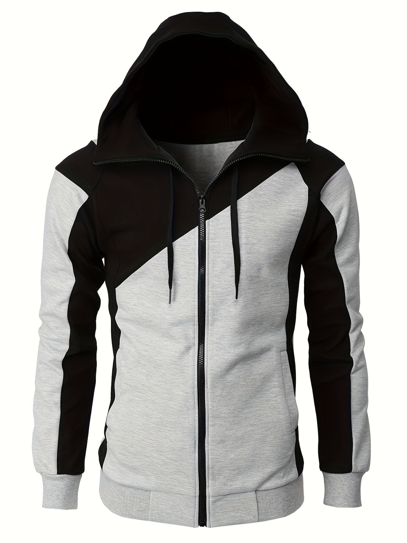 Long Sleeves Men's Color Block Fleece Sweatshirt with Pockets, Zipper Hooded Drawstrings