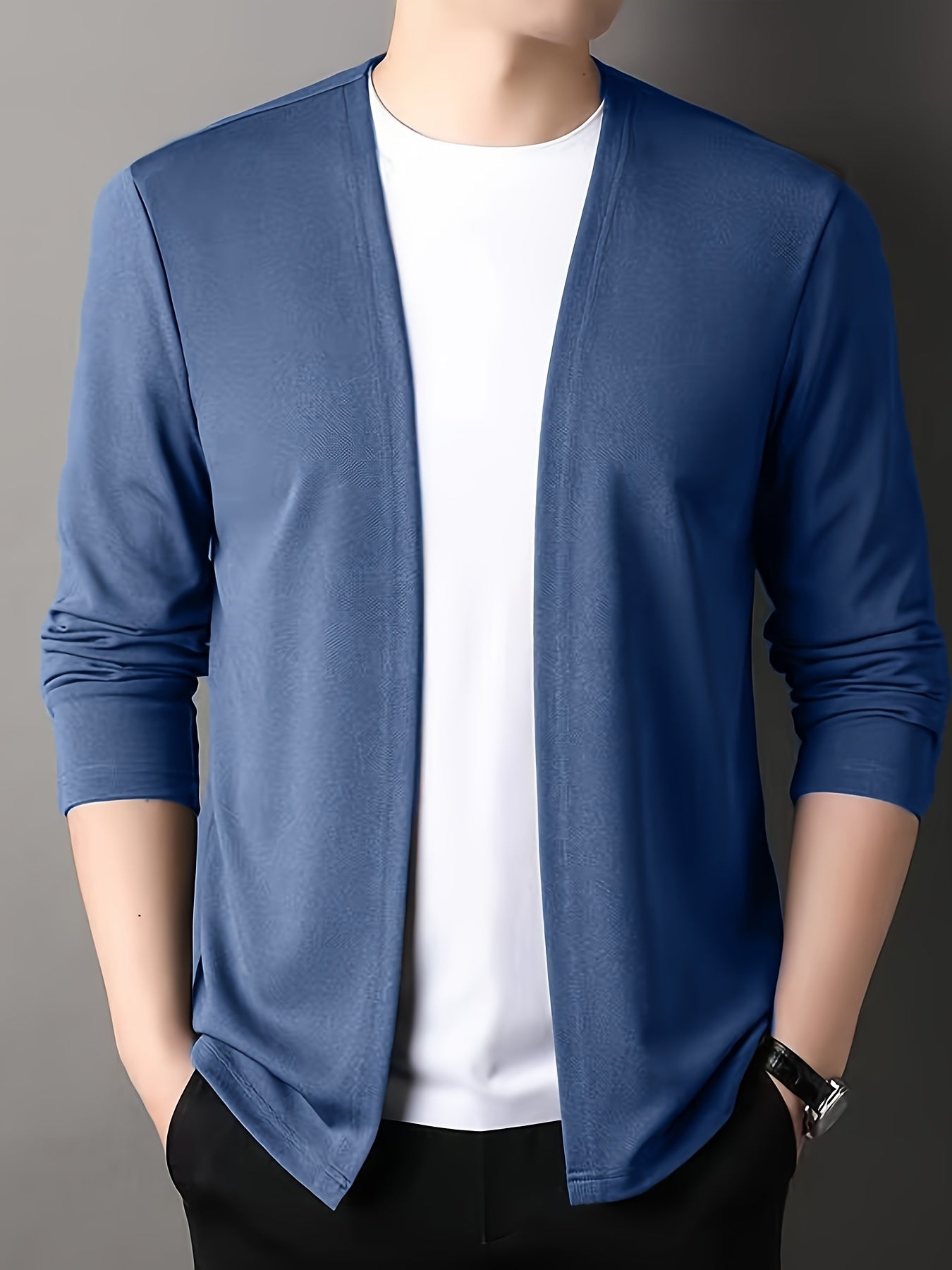 Men's Solid Knitted Cardigan, Casual Breathable Long Sleeve Slim-fit Open Front Sweater For Outdoor Activities