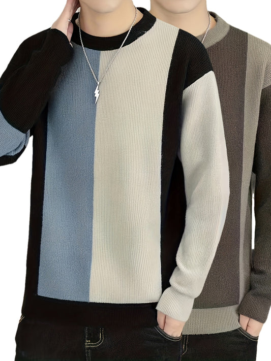 All Match Knitted Color Block Sweater, Men's Casual Warm Slightly Stretch Crew Neck Long Sleeve Pullover Sweater For Men Fall Winter