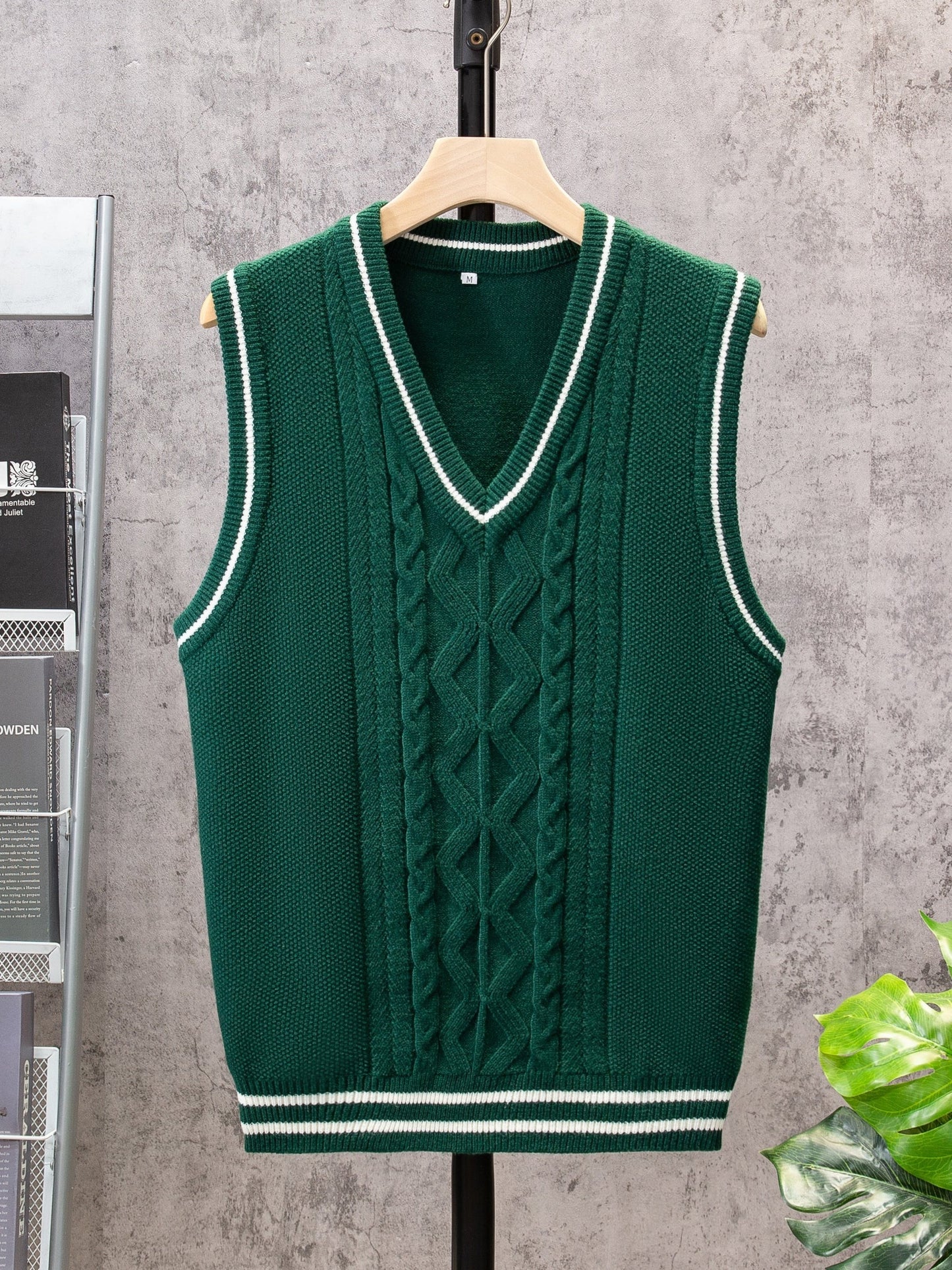 Casual Sleeveless V-Neck Sweaters, Men's Cable Knit Vest