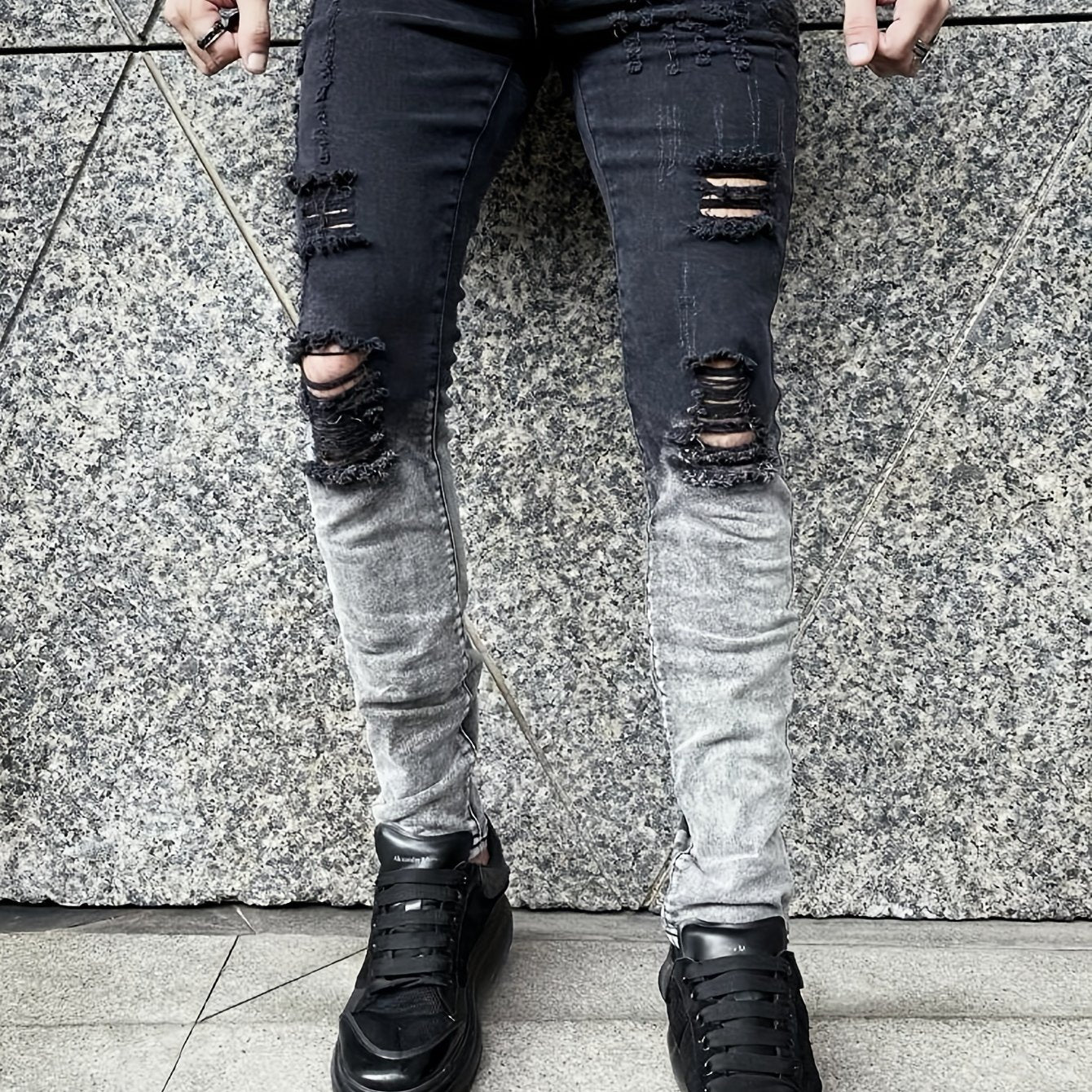 FORUWISH  -  Mens Fashion Ripped Gradient Color Jeans - Stylish Streetwear Denim Pants with Distressed Details, Comfortable Casual Wear for Everyday - Stylish and Trendy