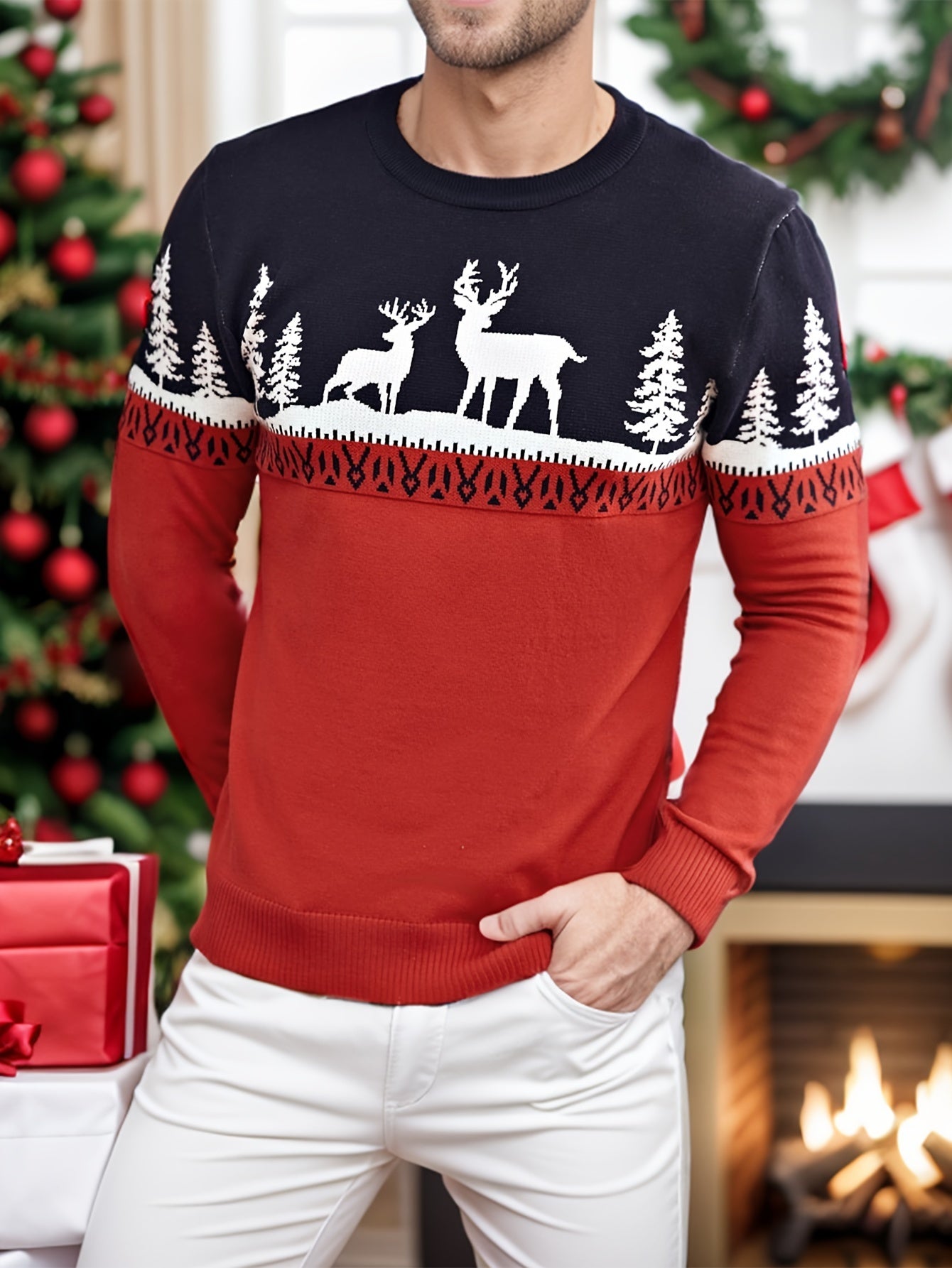 Men's Festive Christmas Reindeer Crew Neck Sweater - Cozy Polyester Blend, Perfect for Holiday Parties & Gifts