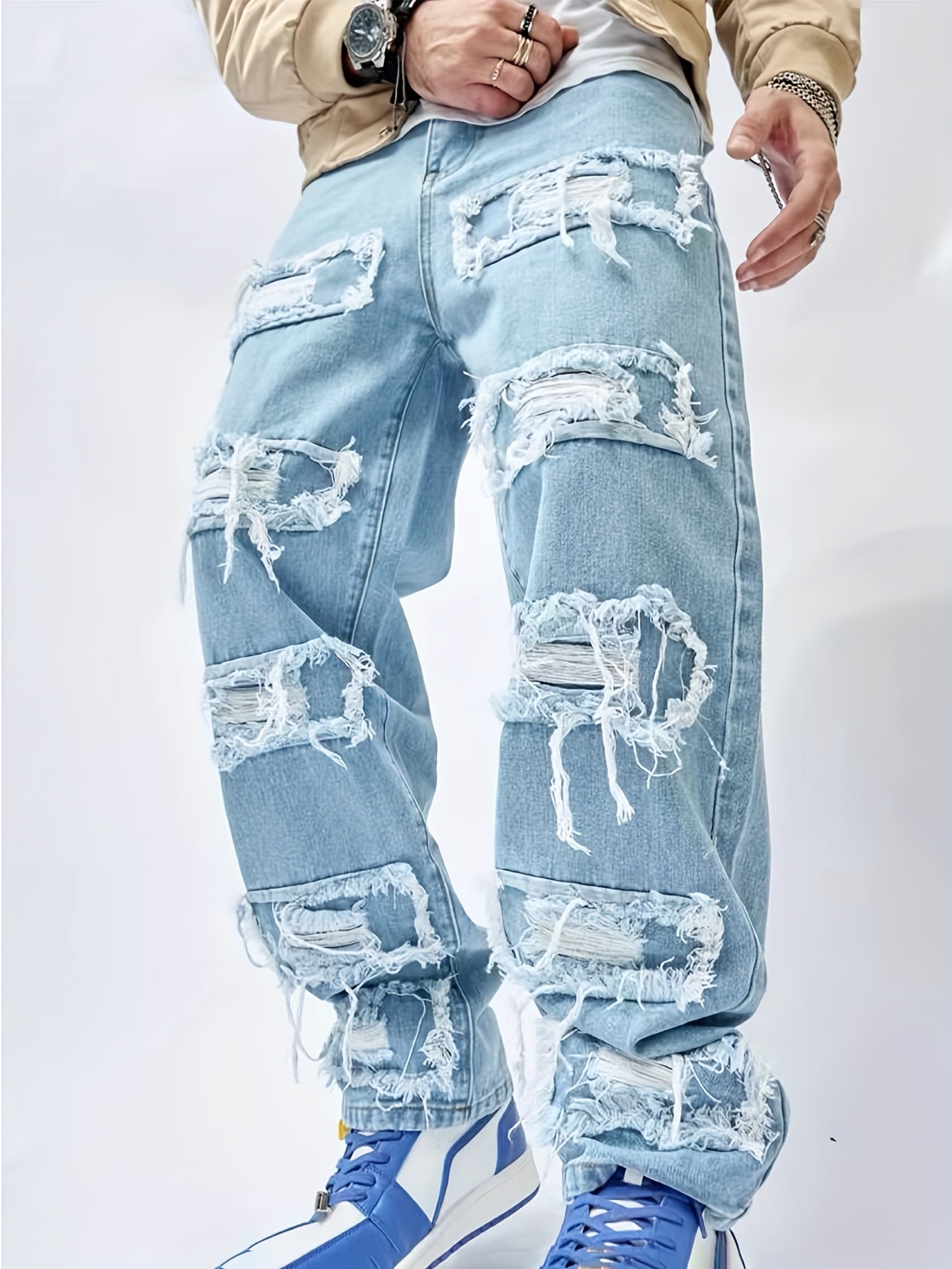 Men's Loose Fit Wide Leg Ripped Jeans, Men's Stylish Comfy Denim Pants, Street Style Fashion