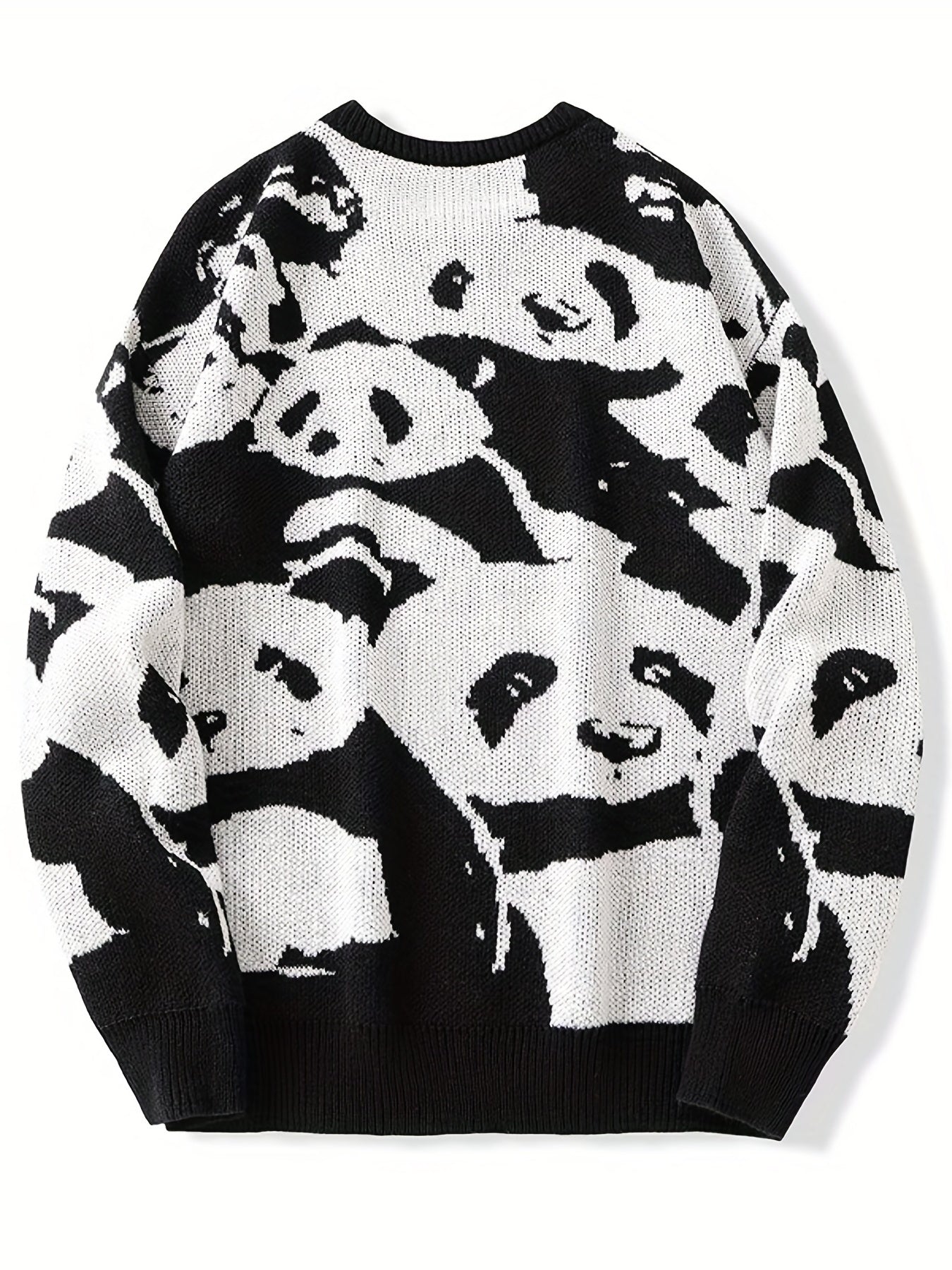 Cozy Panda Crew Neck Sweater - Novelty Cartoon Knit Pullover for Men - Warm, Slightly Stretchy, Casual Fall Winter Wear with Fun Panda Pattern