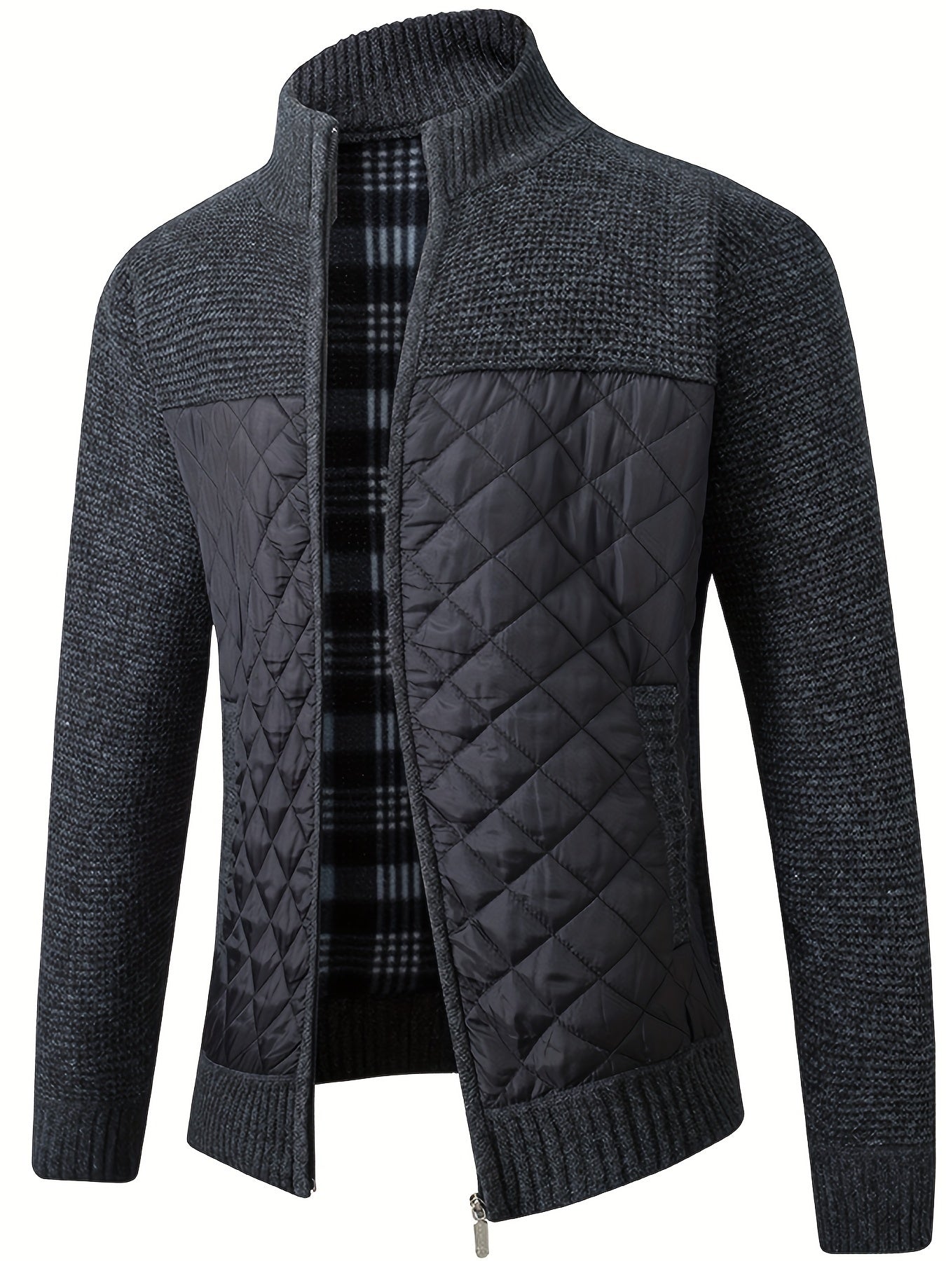 Men's Warm Sweater Casual Quilted Jacket, Stand Collar Jacket Coat For Fall Winter