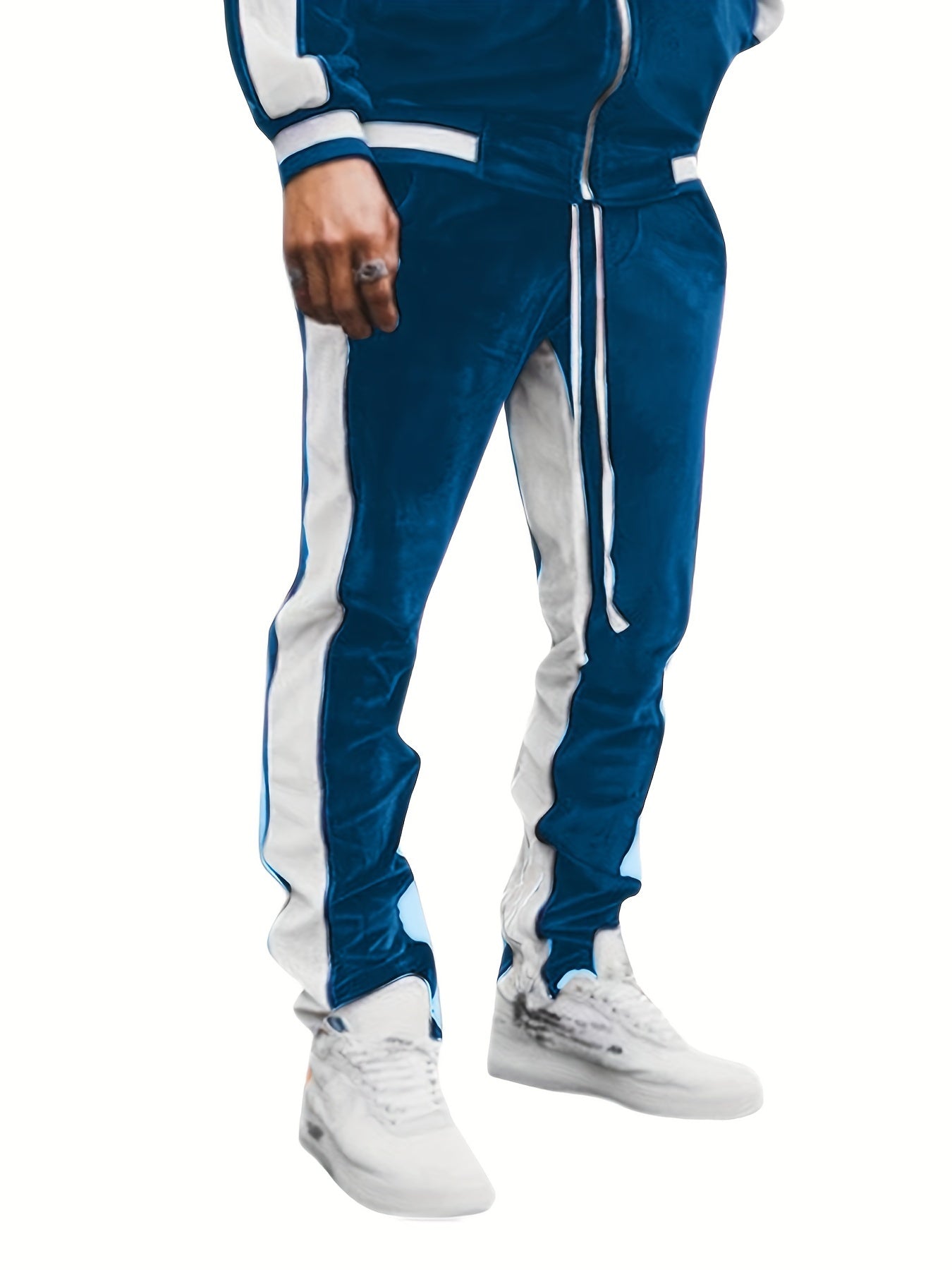 Men's Velvet Track Pants with Side Pockets - Color Block Polyester, Casual Style, Knit Fabric with Slight Stretch, Regular Fit