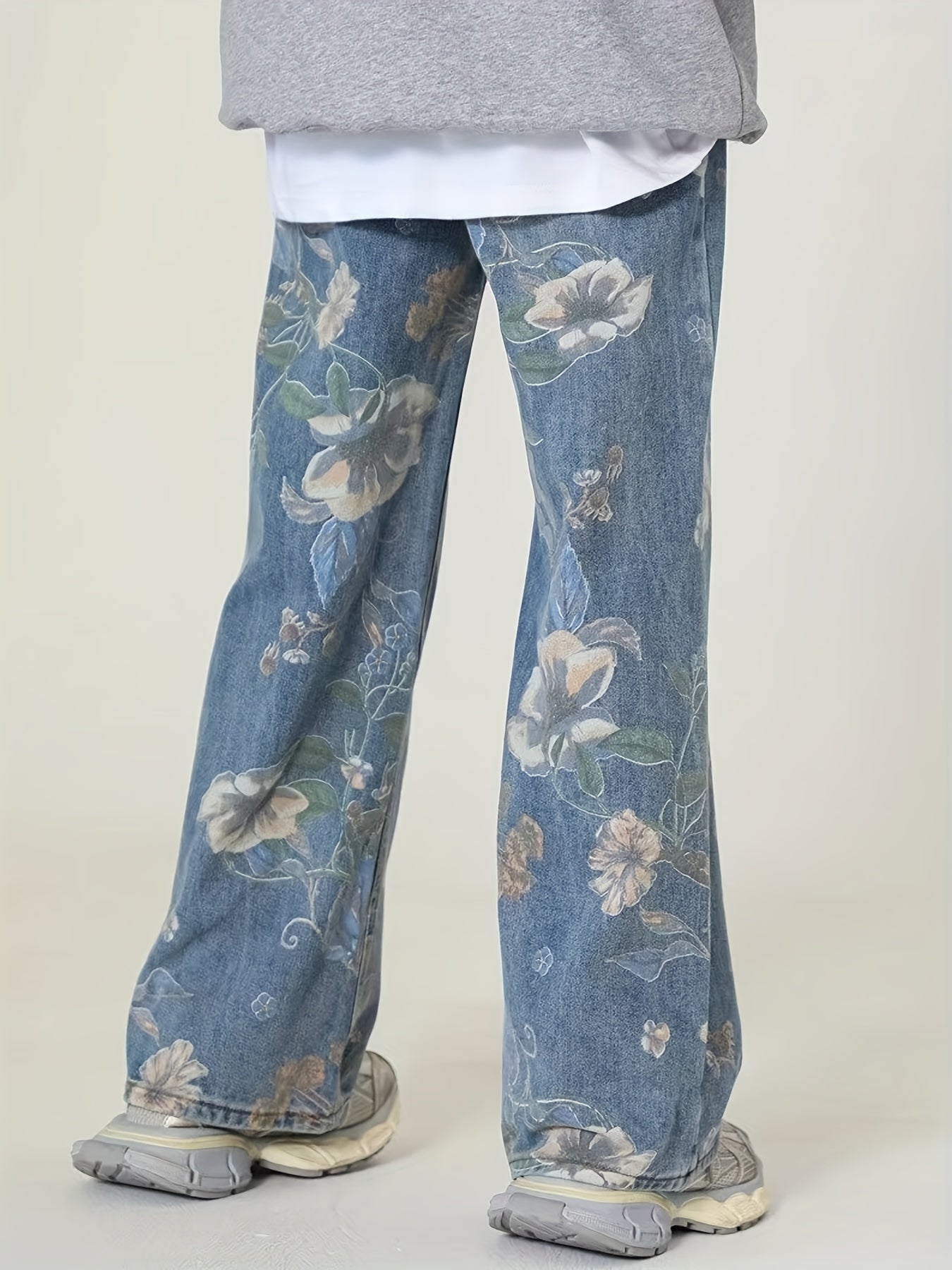 Men's Loose Floral Graphic Print Denim Pants With Pockets, Causal Cotton Blend Jeans For Outdoor Activities