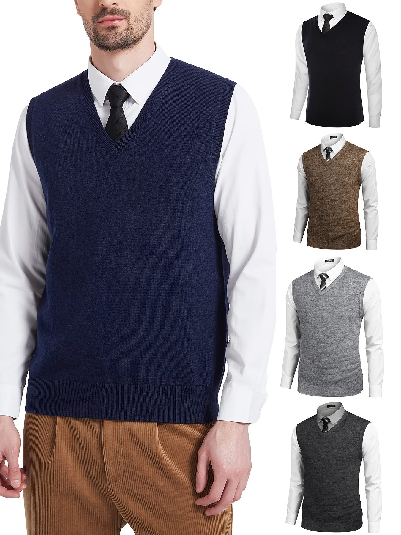 Men's V-neck Solid Casual Cotton Sleeveless Knitted Sweater Vest, Men's Clothing For Autumn Winter