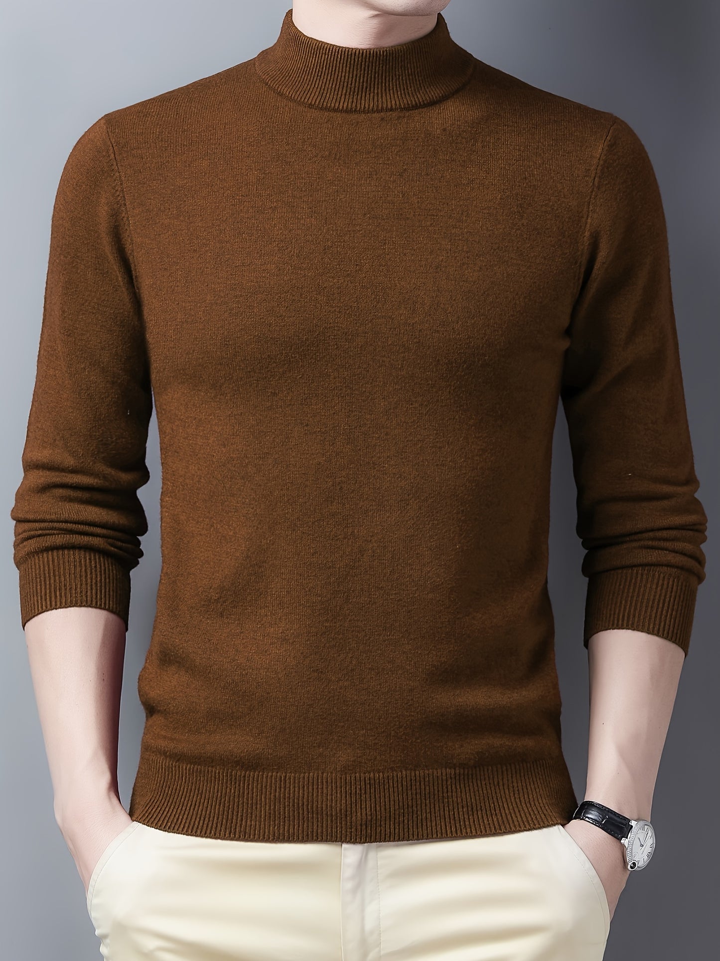 Men's Trendy Solid Knitted Pullover, Casual Mid Stretch Breathable Turtleneck Base Layer For Outdoor Fall Winter