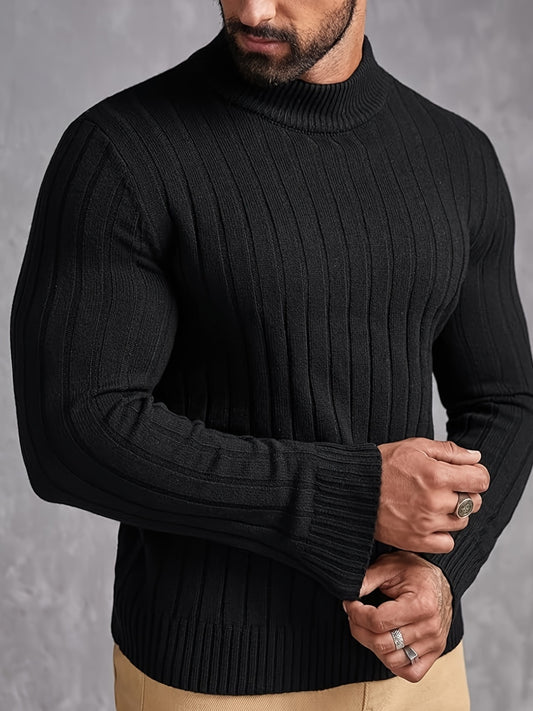 Plus Size Men's Cozy Slim Fit Ribbed Knit Pullover Sweater - Soft, Lightweight, High-Neck, Long Sleeve, Casual, Comfortable, Versatile Top for Everyday Wear - Perfect for Fall and Winter Seasons