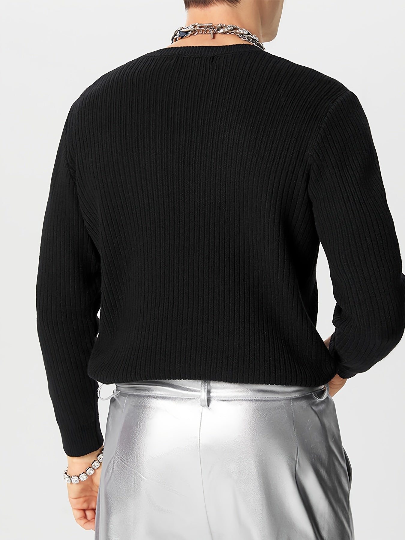 Soft Polyester Men's Casual Crew Neck Long Sleeve Solid Ribbed Knit Sweater Pullover For Spring/Autumn