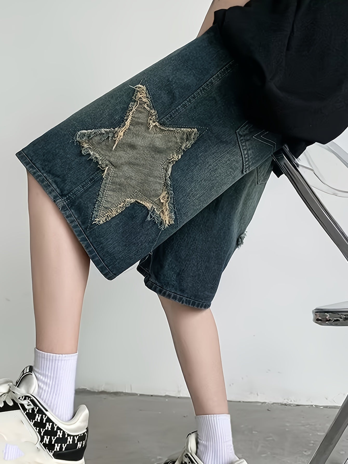 Fashion Embroidery Detail, Men's Casual Loose Fit Denim Shorts, Knee-Length Jorts With Pockets, Summer Street Style Fashion