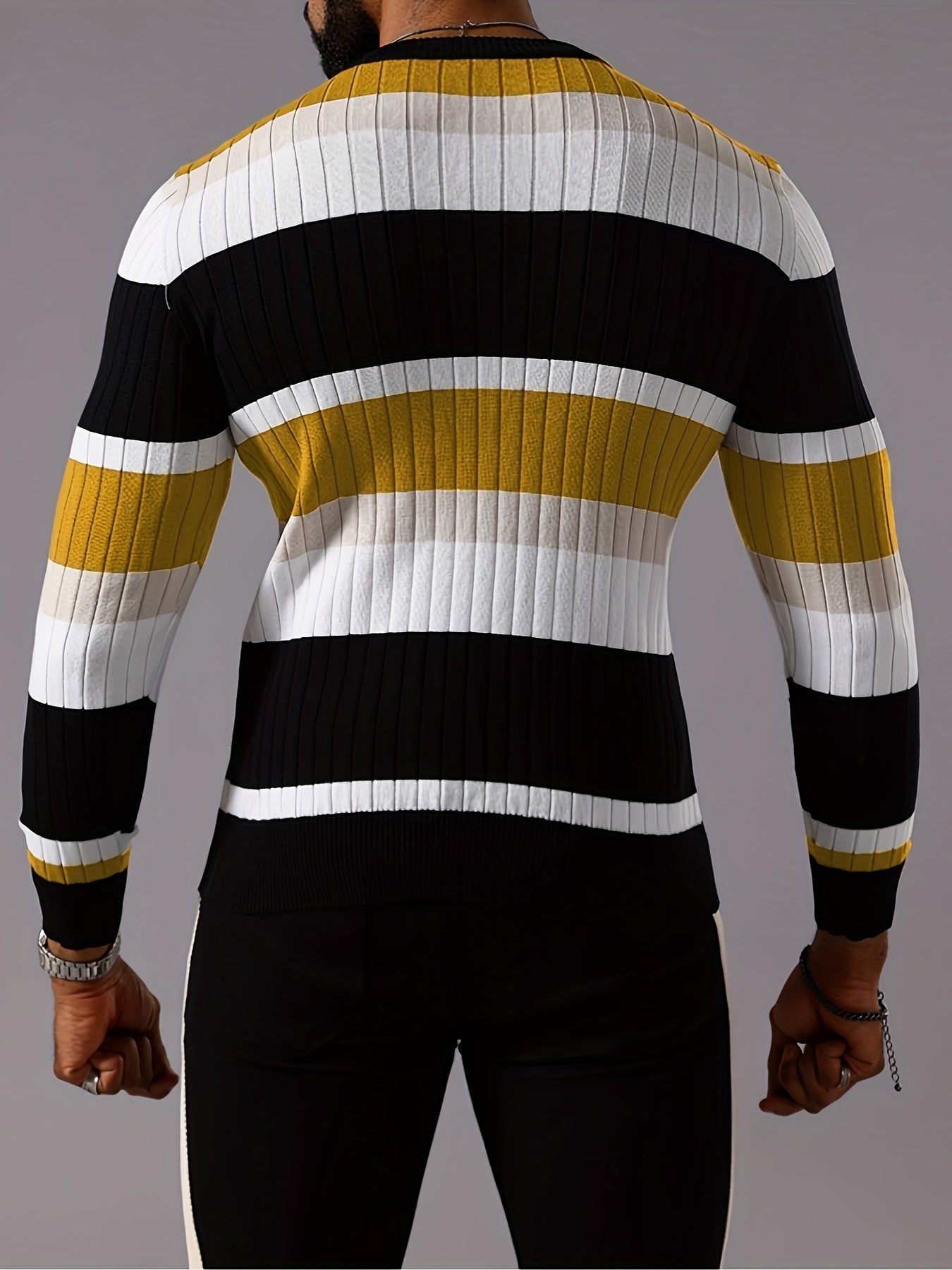 Men's Color Block Knitted Pullover, Casual Long Sleeve Crew Neck Sweater For Fall Winter